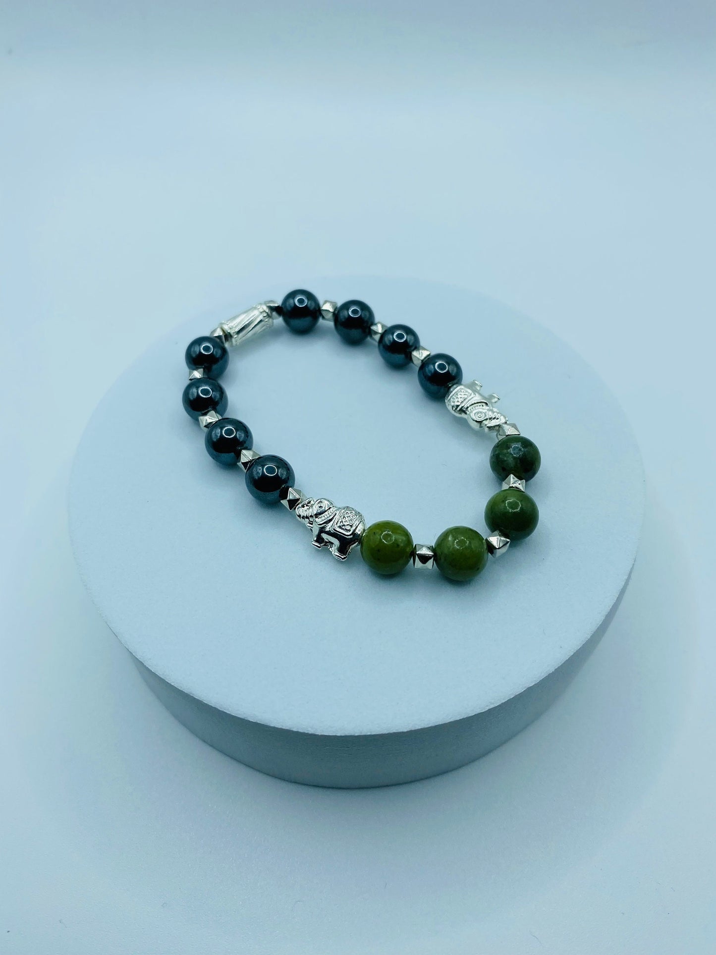 Elephant Jewelry White Gold Womens Bracelet with Jade & Hematite Gemstone Beads - Elephant Gifts