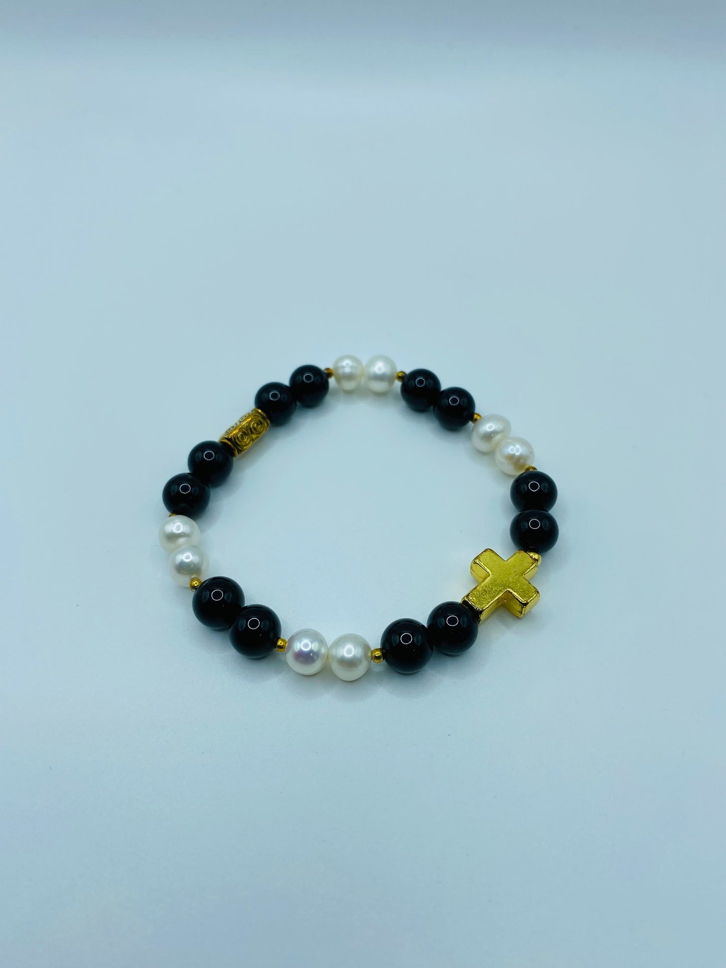 Gold Cross Bracelet: Pearl & Onyx Gemstone Beads, Spiritual Jewelry