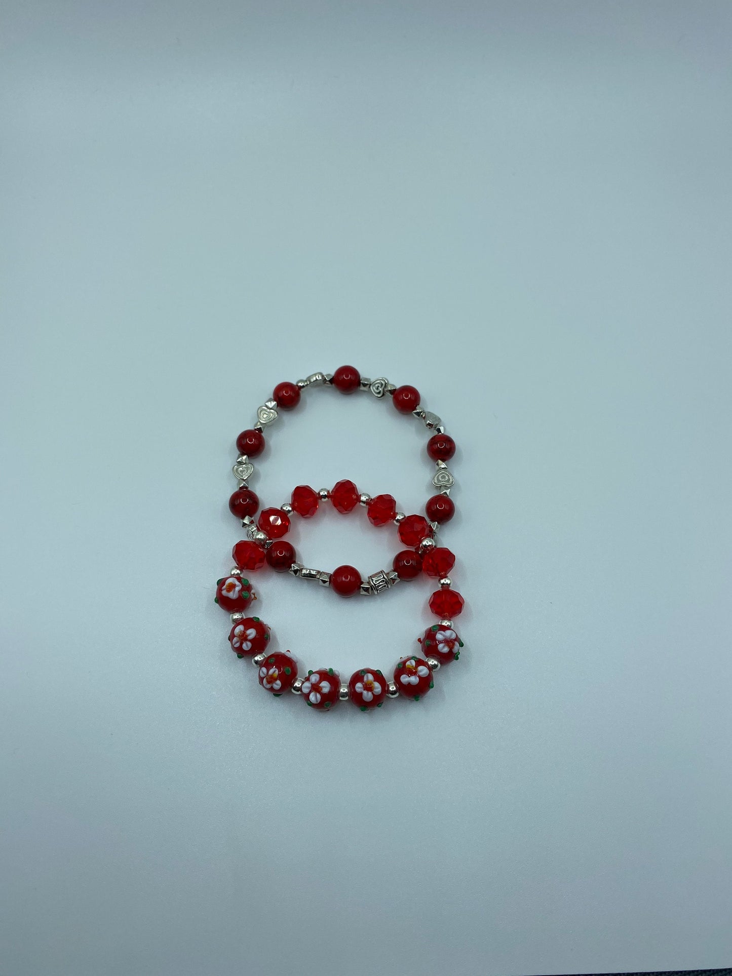 Red Floral Lampwork Glass Bead Bracelet: Red Crystal Handmade Jewelry