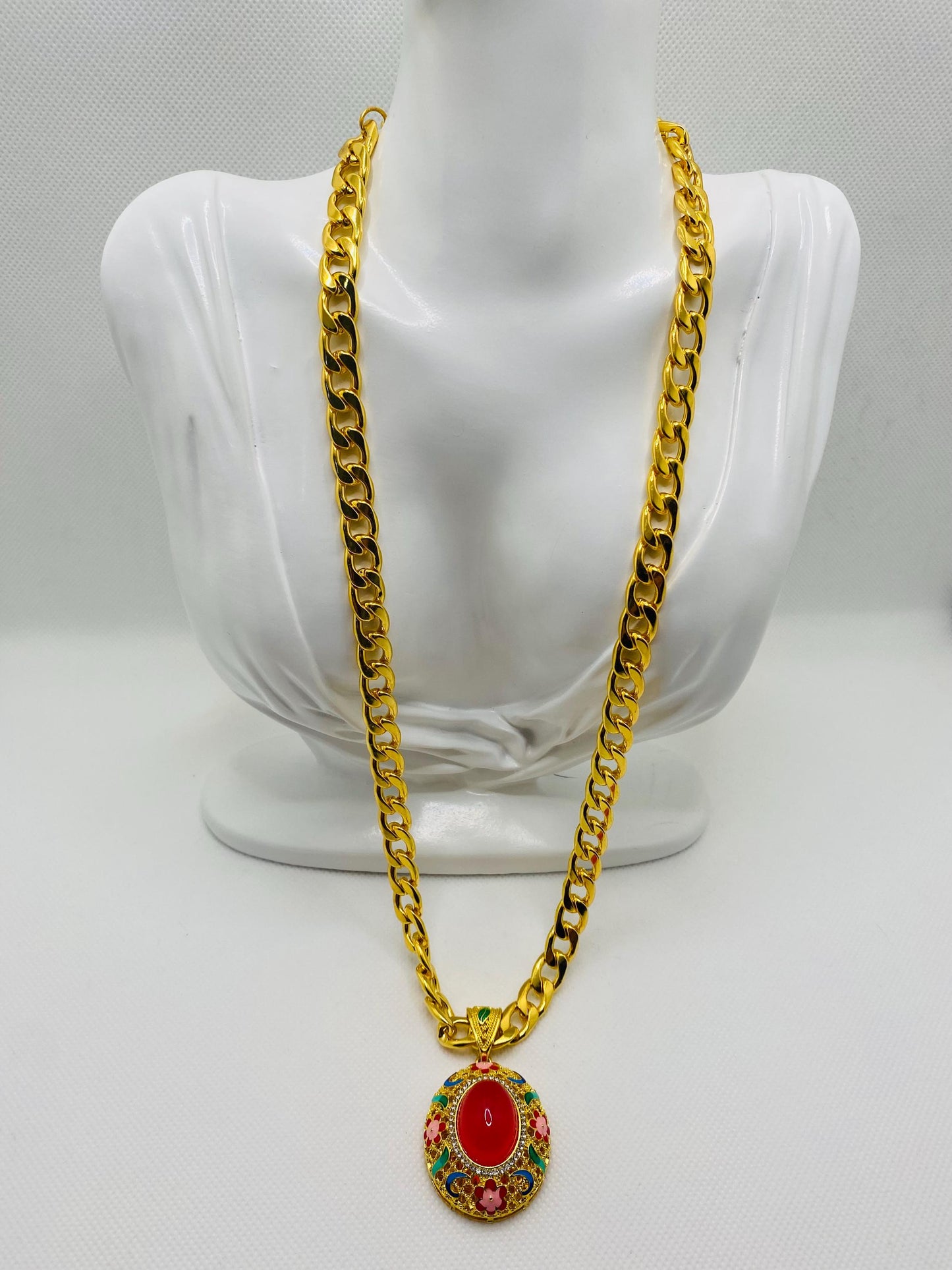 Red Agate Pendant Necklace: Gold Plated Cuban Link Chain Boho Jewelry