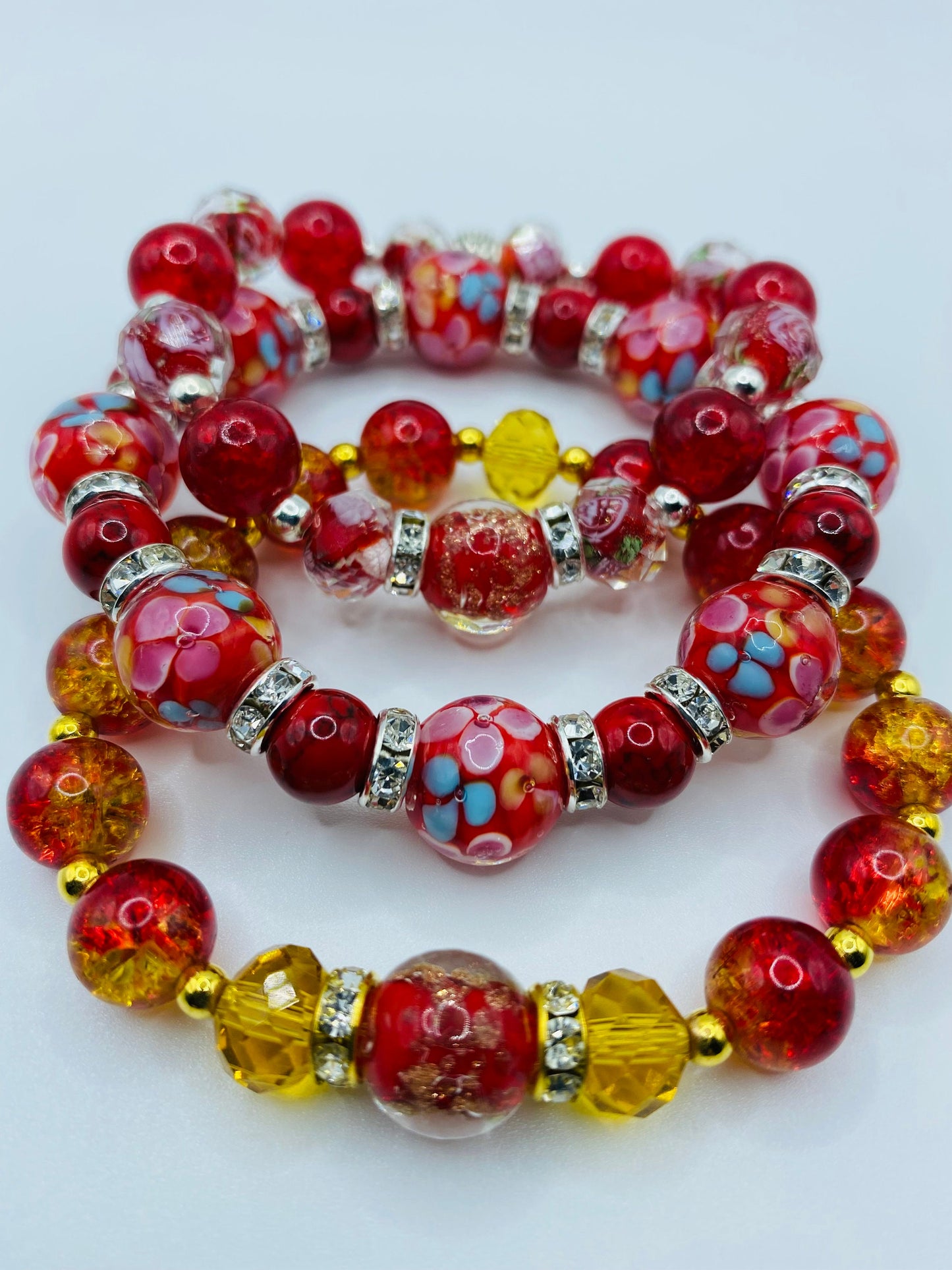 Red Lampwork Crystal Bracelet: Gold Hematite Bead Accents