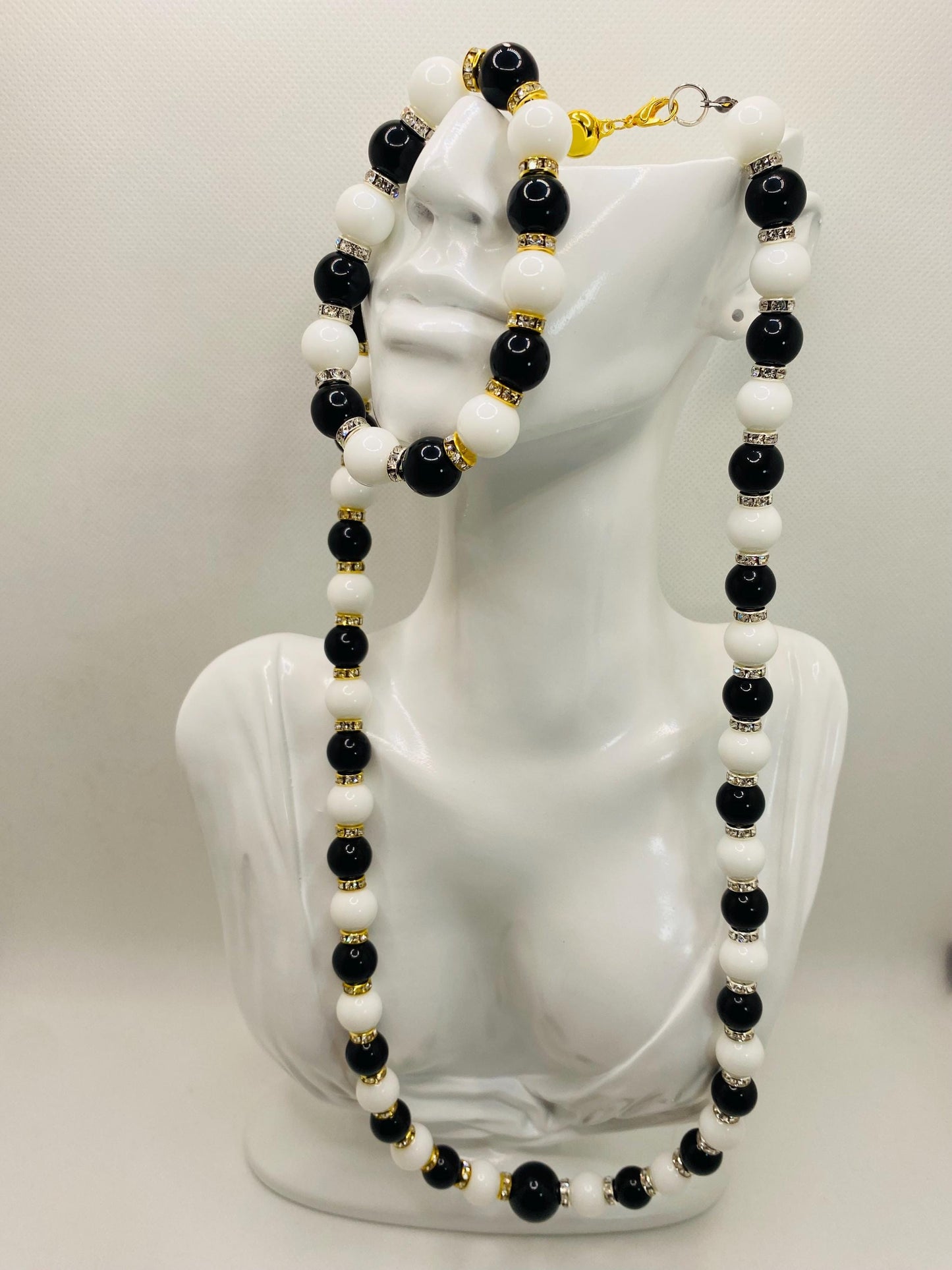 Handmade Onyx Necklace and Bracelet Set: Black and White Gemstone Jewelry