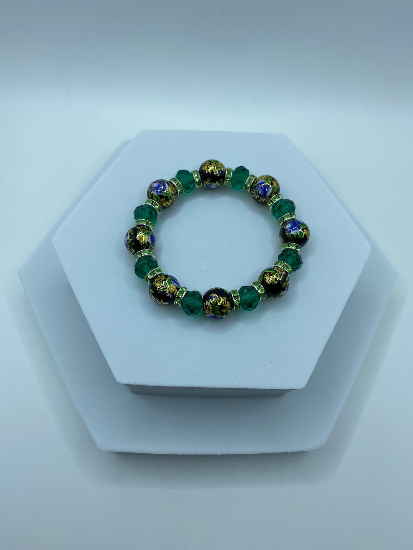 Floral Lampwork Glass Bead Bracelet: Emerald Green Crystal Rhinestone Rondelles