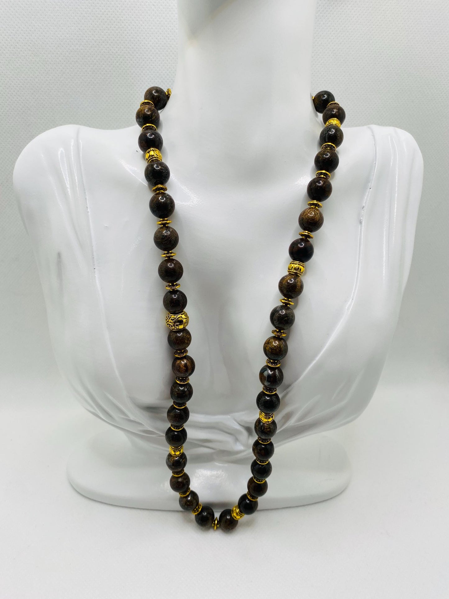 Bronzite Beaded Necklace: Unisex Gemstone Jewelry with Tibetan Spacers