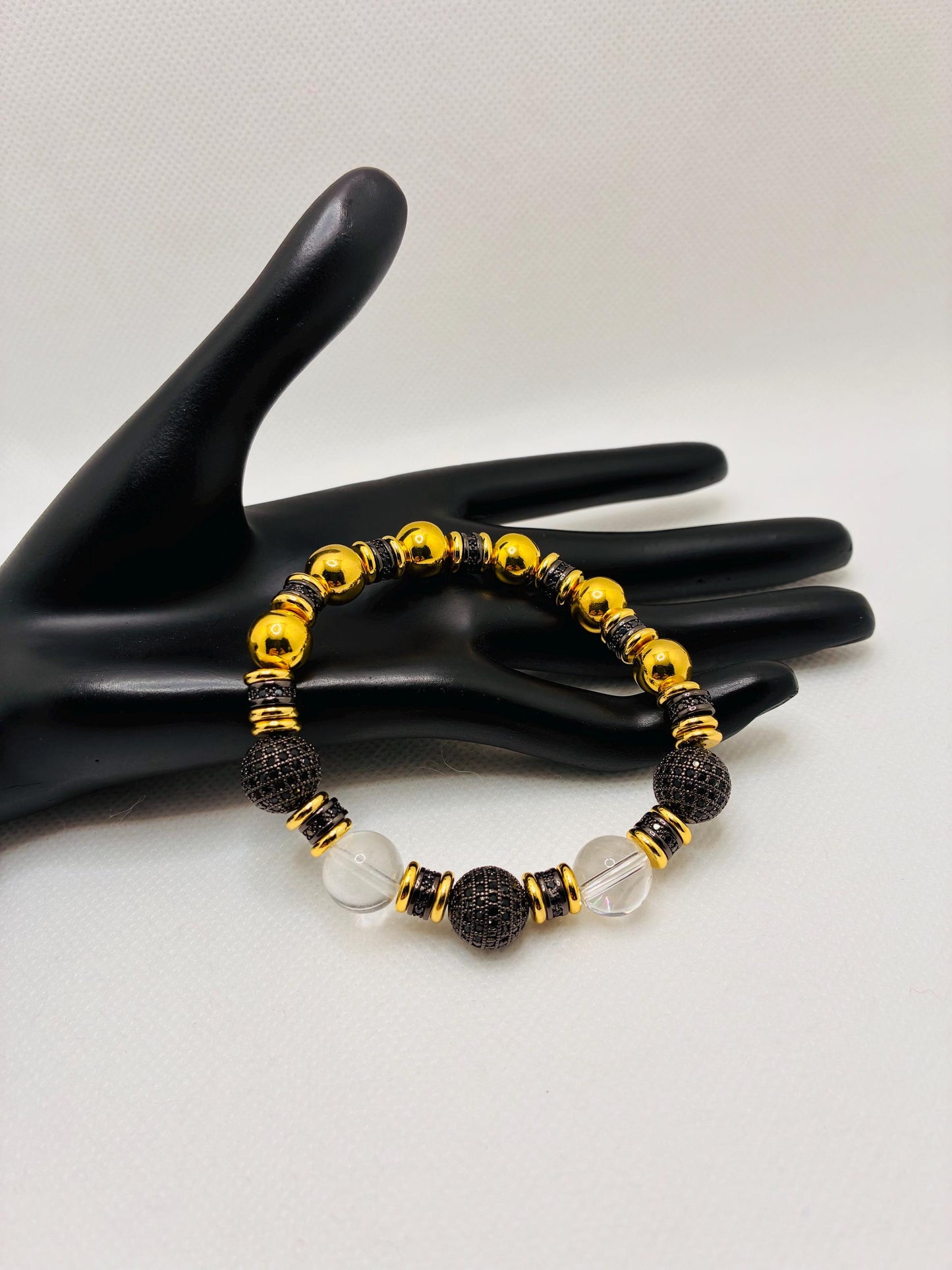 Gold Plated Hematite Bracelet: Clear Quartz & Black Zirconia Beads