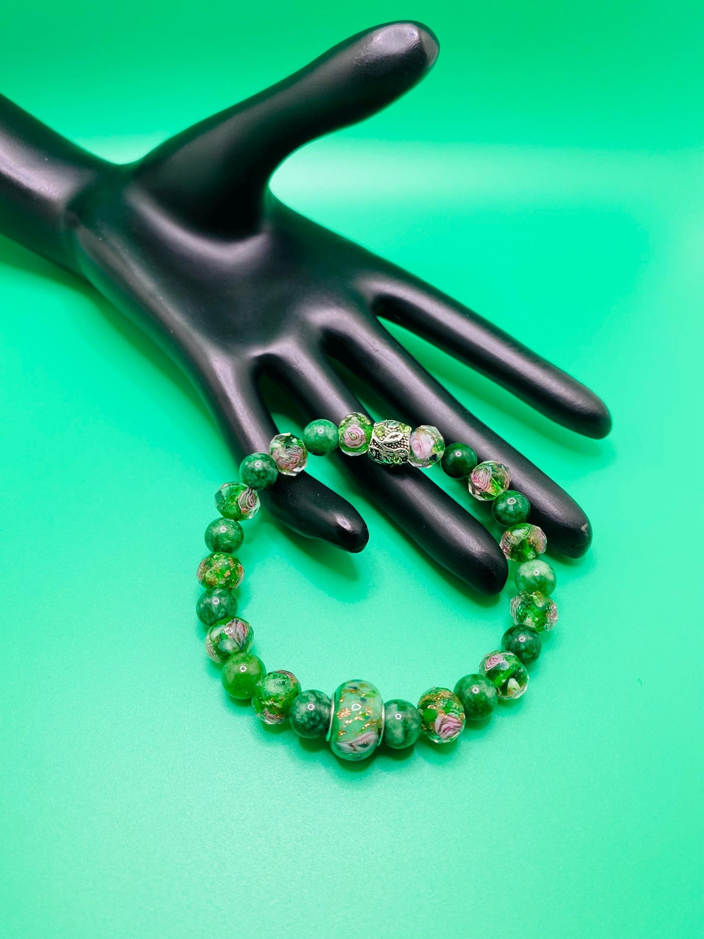 Lampwork Glass & Chalcedony Beaded Bracelet: Handmade Floral Jewelry