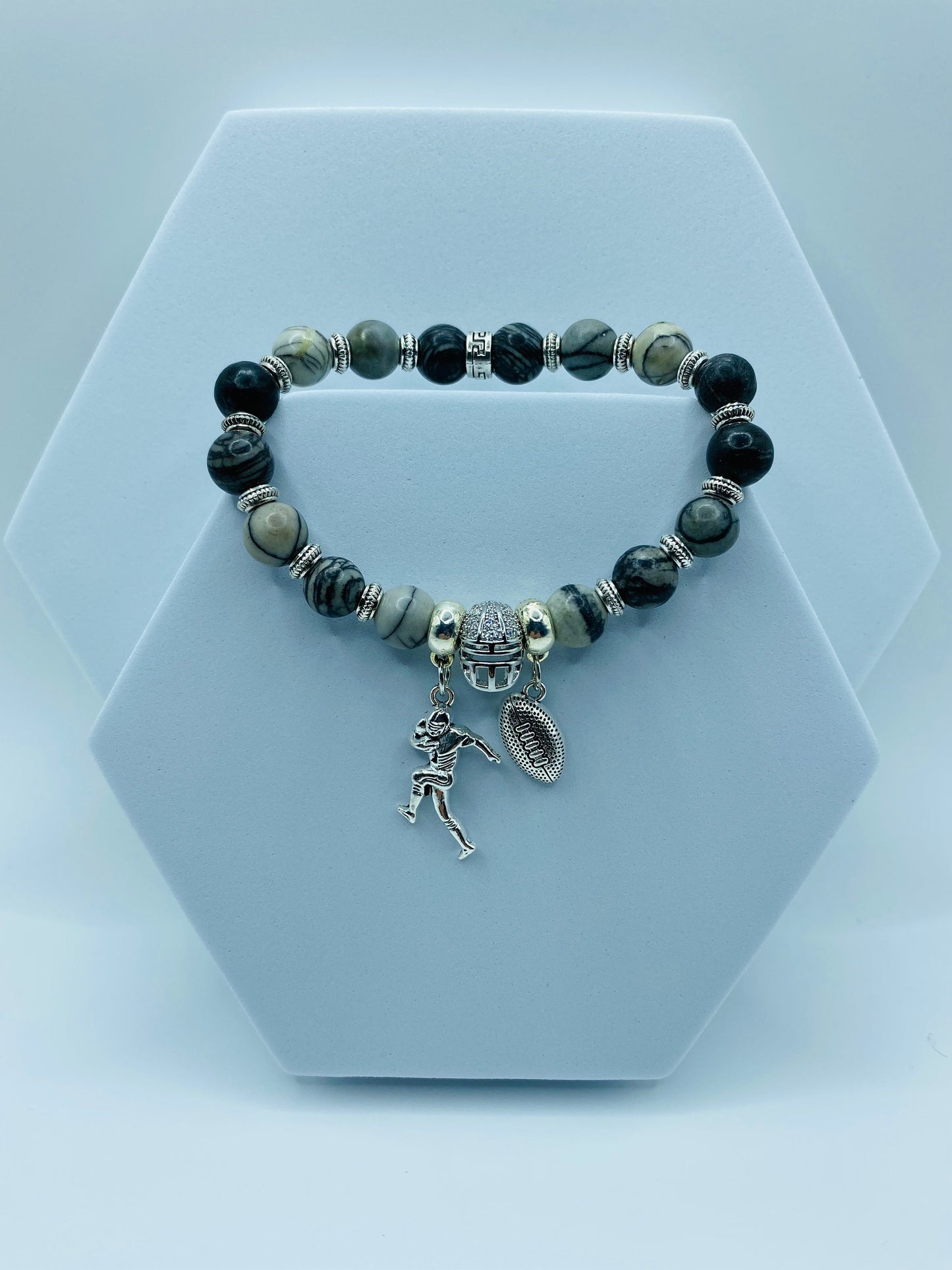 Las Vegas Raiders Charm Bracelet for Men, Womens Bracelet Football Mom, Jasper Gemstone Beads