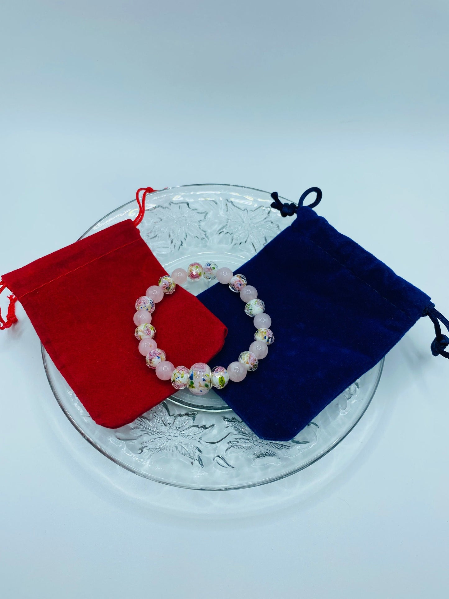 Rose Quartz Bracelet with Lampwork Floral Glass Beads