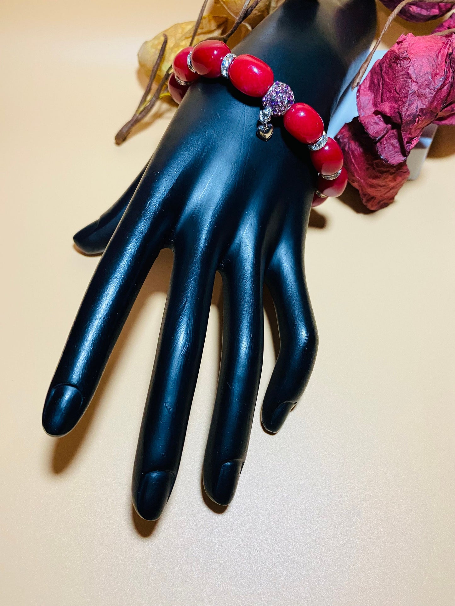 Red Jade Beaded Bracelet: Rhinestone Heart Charm, Silver Details