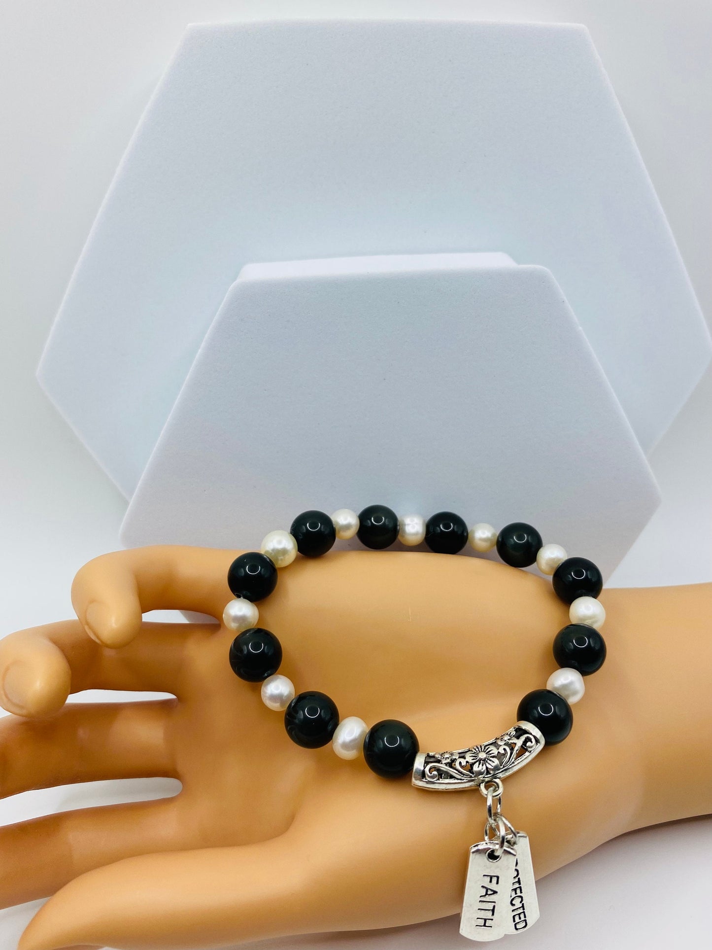 Onyx & Pearl Charm Bracelet: Inspirational Word Charms, Handmade