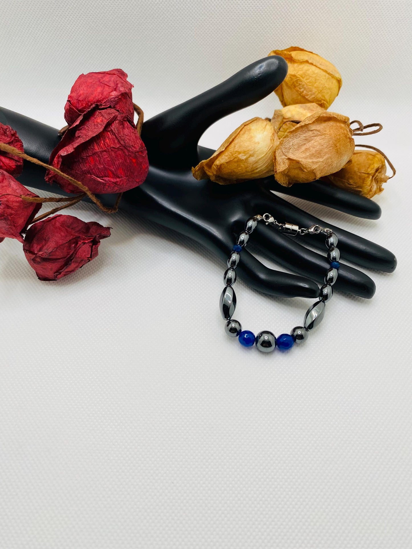 Handmade Jewelry for Men, Womens Jewelry with Hematite and Chalcedony Gemstone Beads, Magnetic Clasp