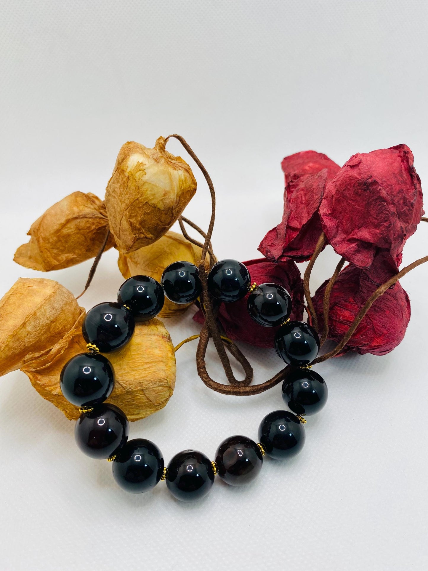 Handmade Obsidian & Agate Gemstone Bracelet with Golden Spacers