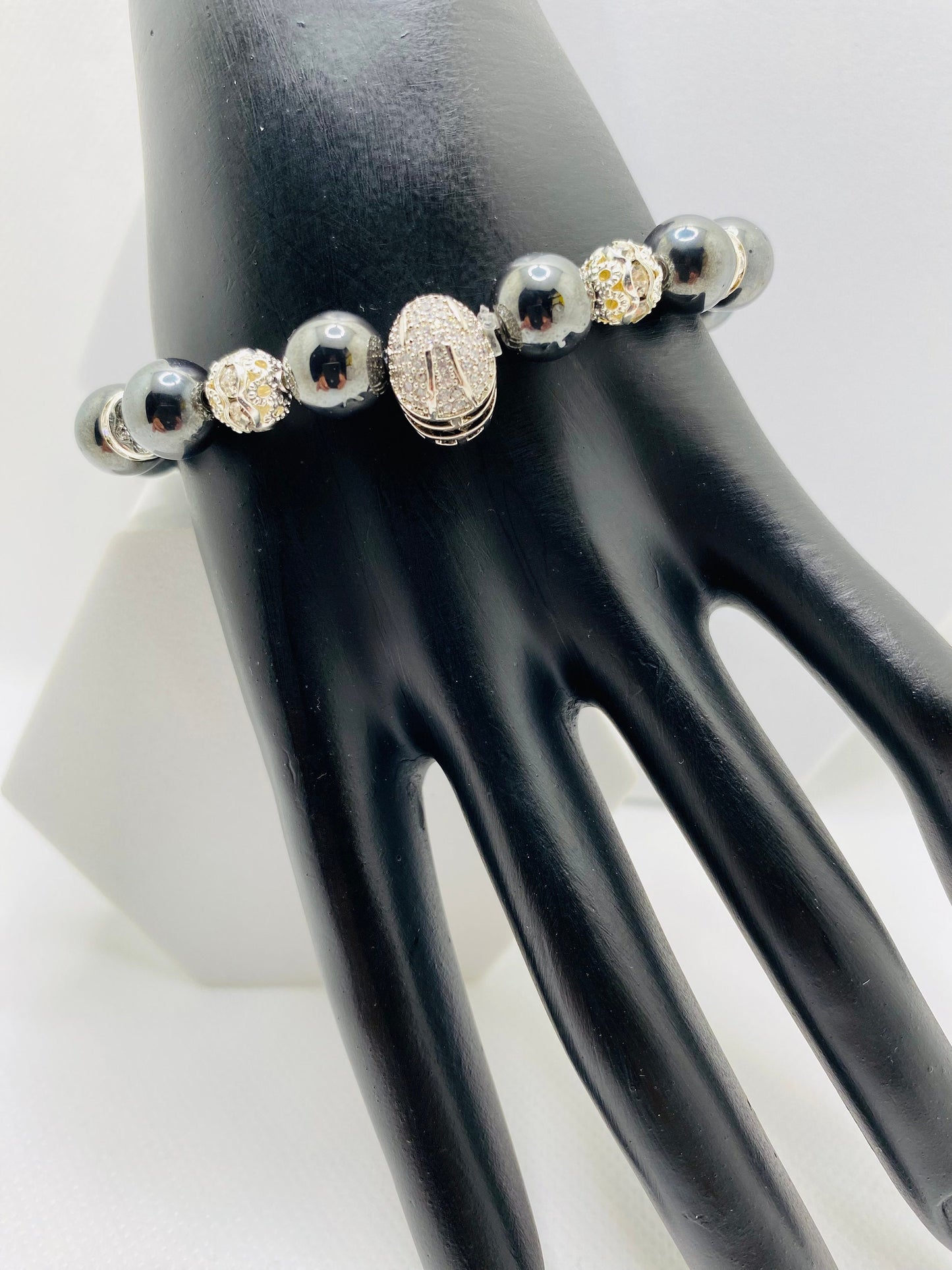 Las Vegas Raiders Hematite Bracelet: Silver Football Helmet, CZ Accents
