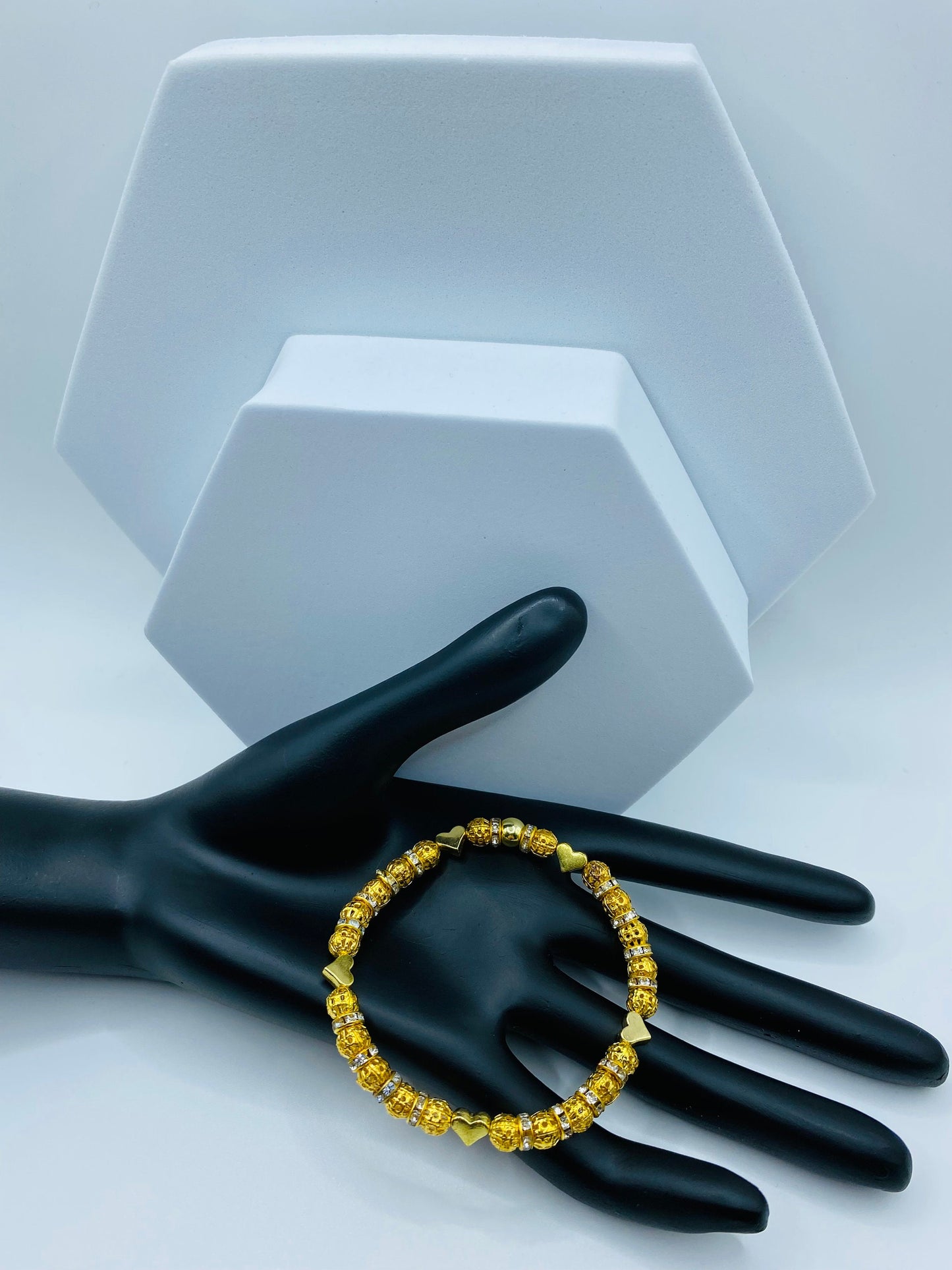 Gold Plated Heart Charm Bracelet: Rhinestone Beaded Jewelry