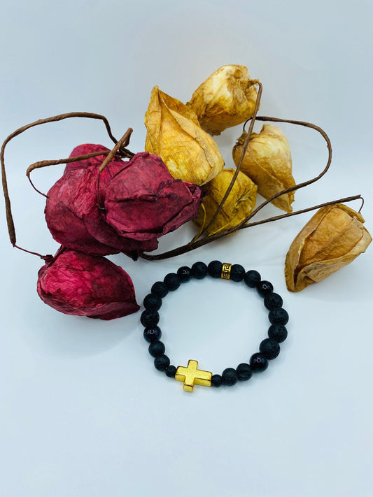 Gold Cross Lava Rock Bracelet: Black Onyx Gemstone Beads
