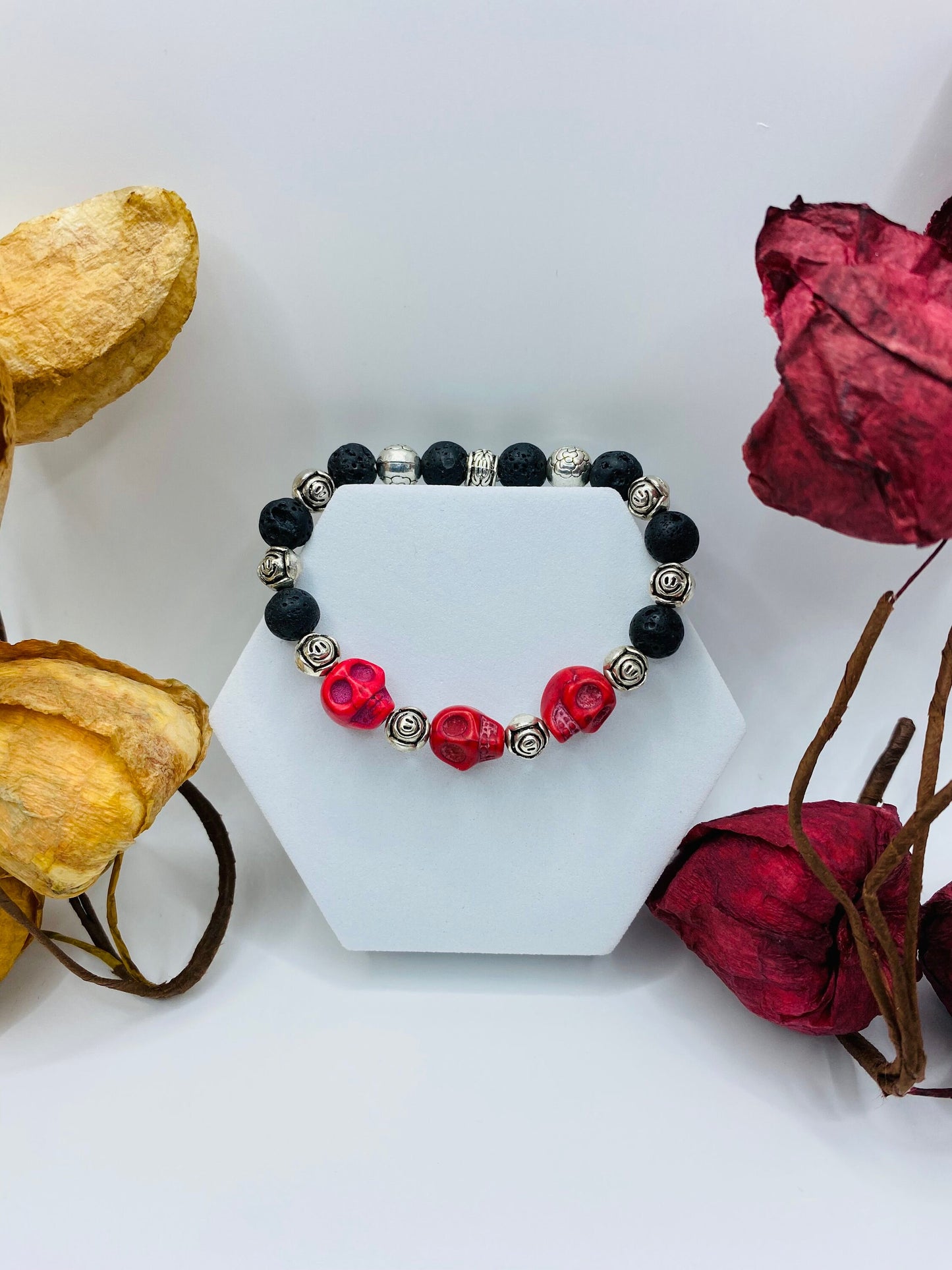 Day of the Dead Lava Rock Bracelet, Red Skull Beads & Metal flowers - Dia de Los Muertos - Gifts for Her