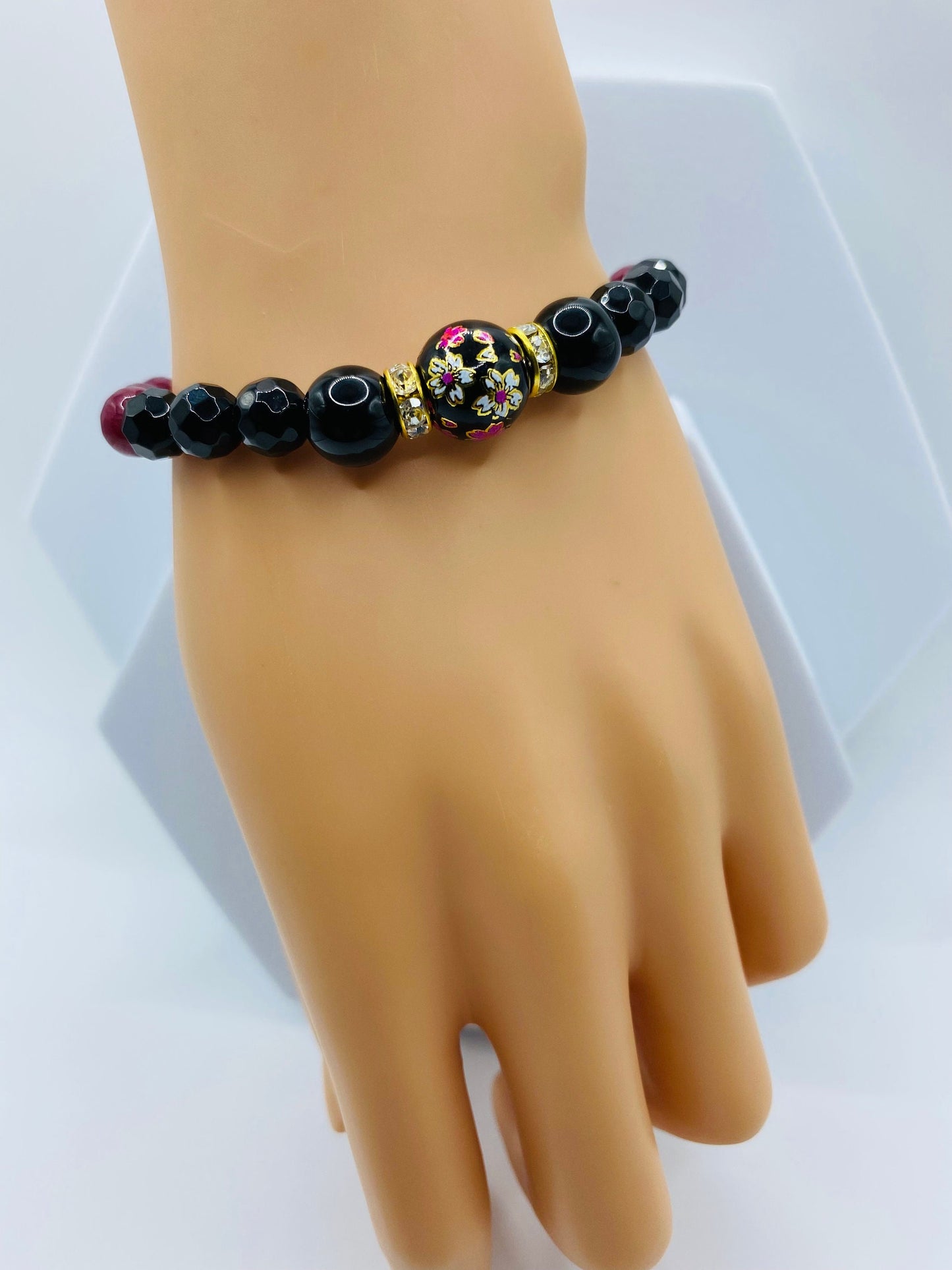 Black Onyx & Red Jade Gemstone Bracelet with Floral Lampwork Bead