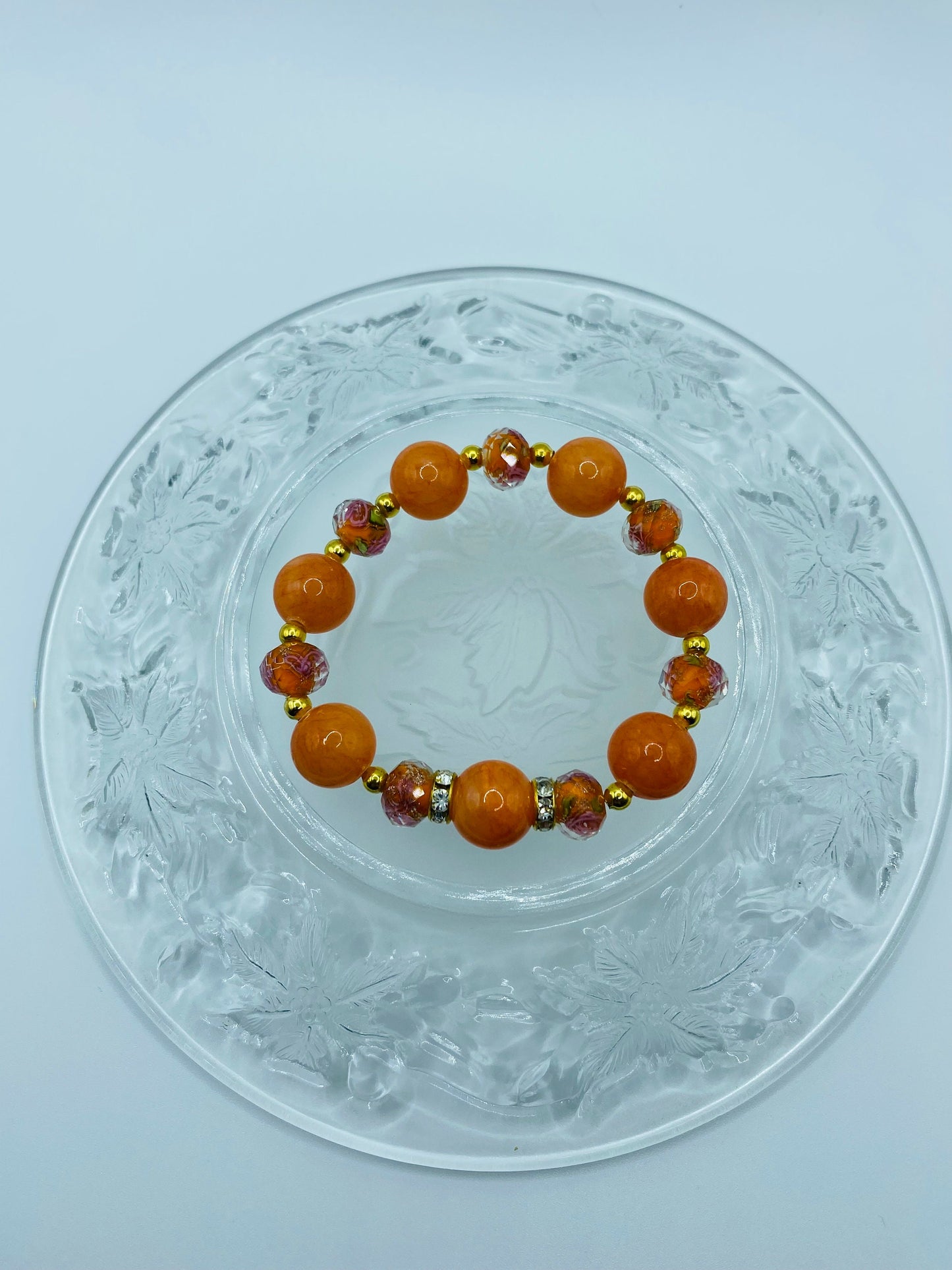 Jade Bracelet Handmade Jewelry for women, orange floral lampwork Glass Beads - Flower Bead Bracelet