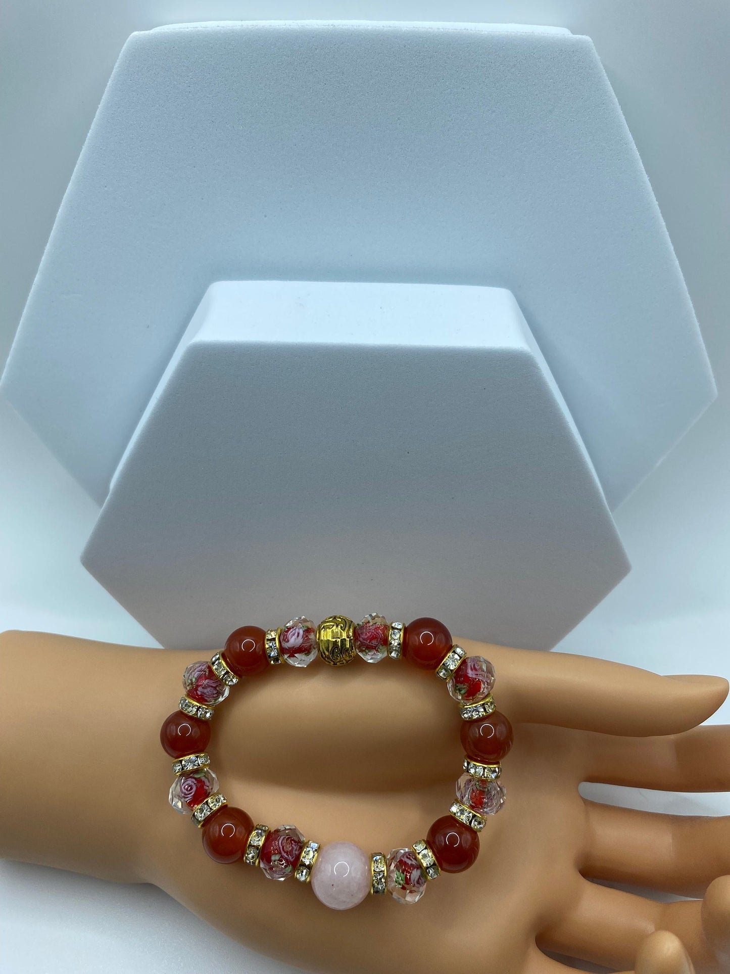 Rose Quartz Bracelet: Red Carnelian, Lampwork Floral Glass Beads