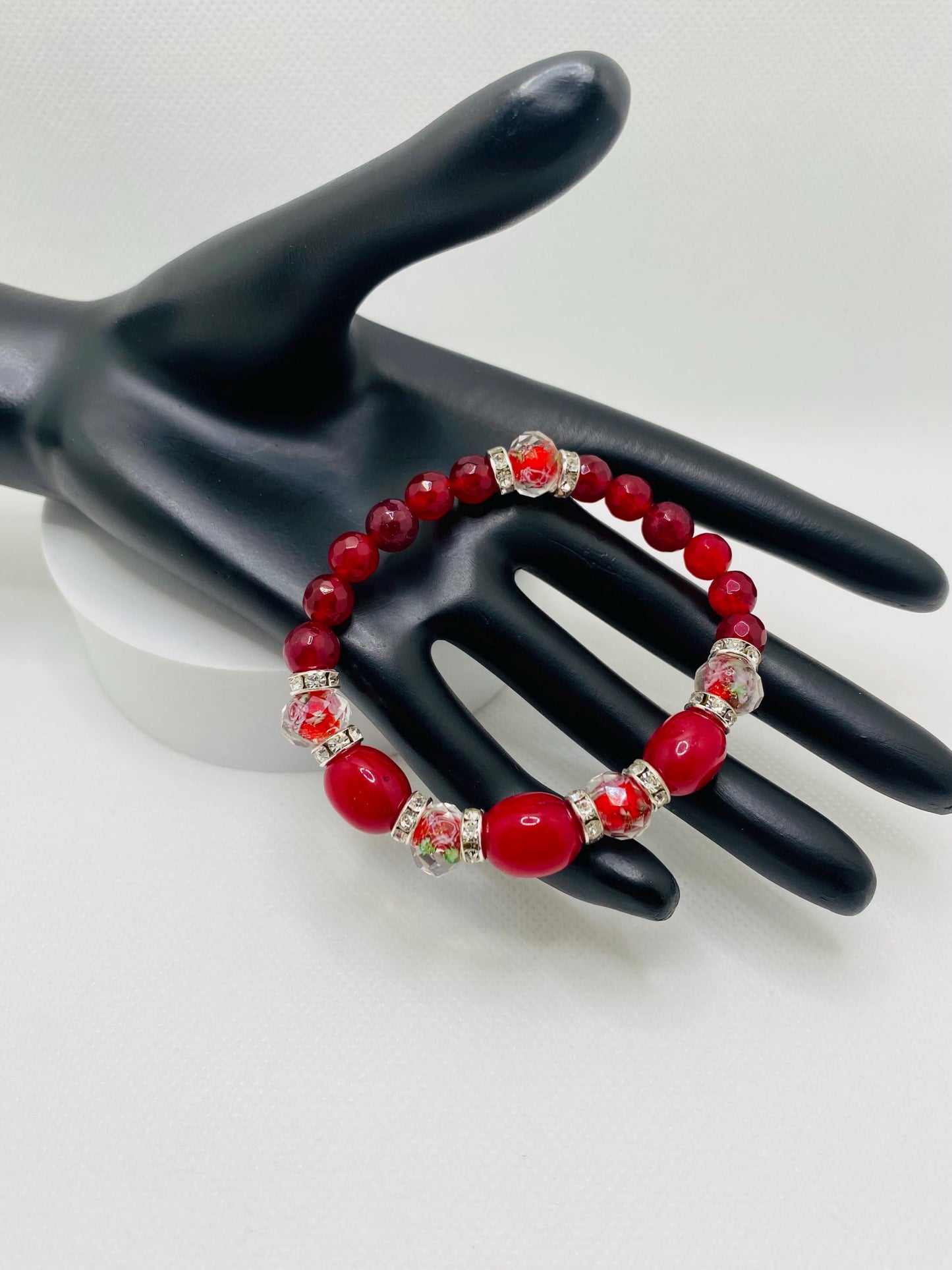 Red Jade Bracelet: Lampwork Glass & Agate Gemstone Beads