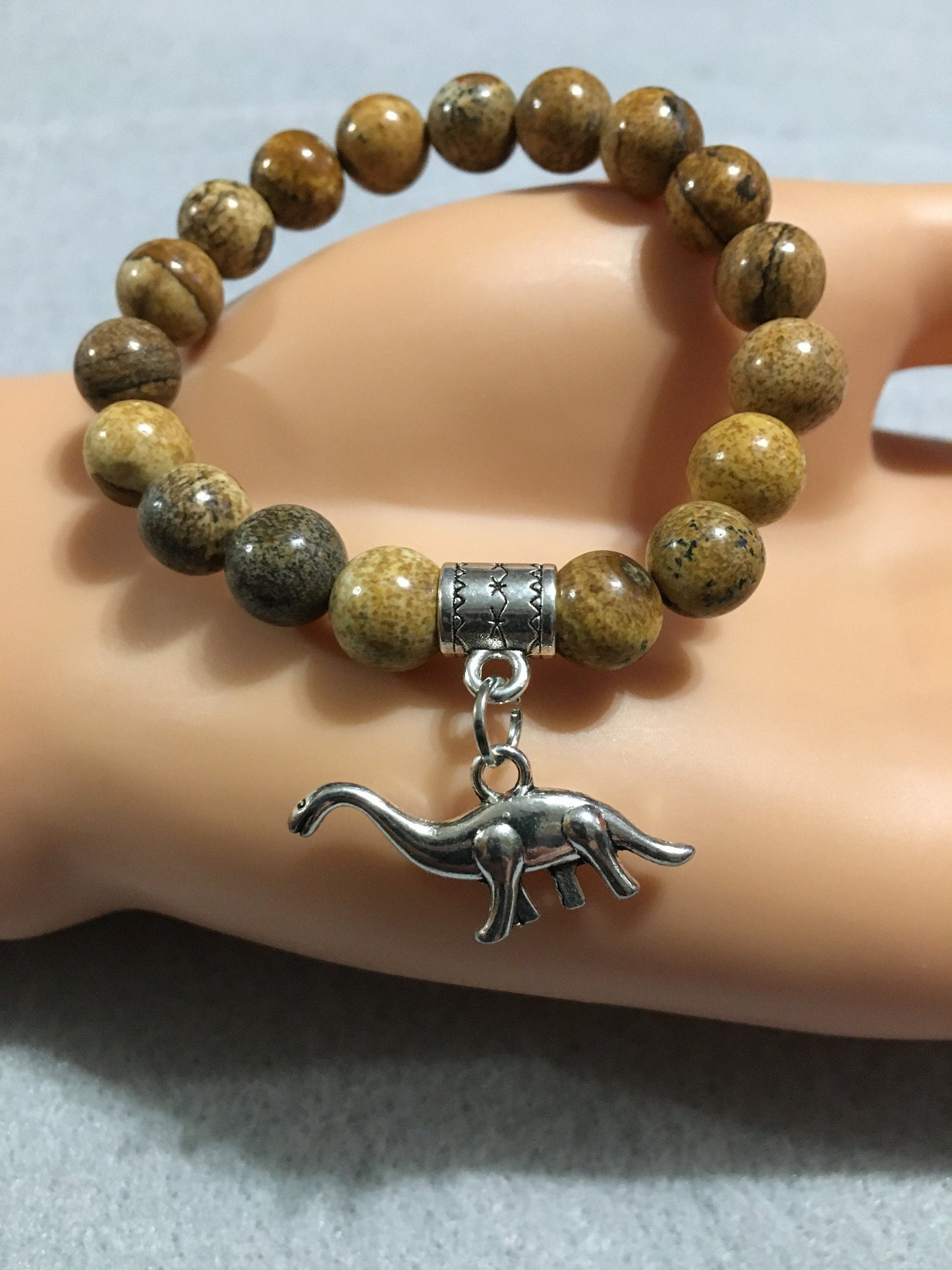 Picture Jasper Dinosaur Bracelet: Brontosaurus Charm, Jurassic Jewelry