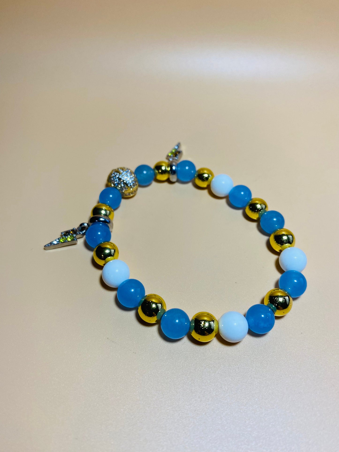 Los Angeles Chargers Mens Bracelet, Lightning Bolt Charms & Golden Football Helmet - Natural Gemstone Beads