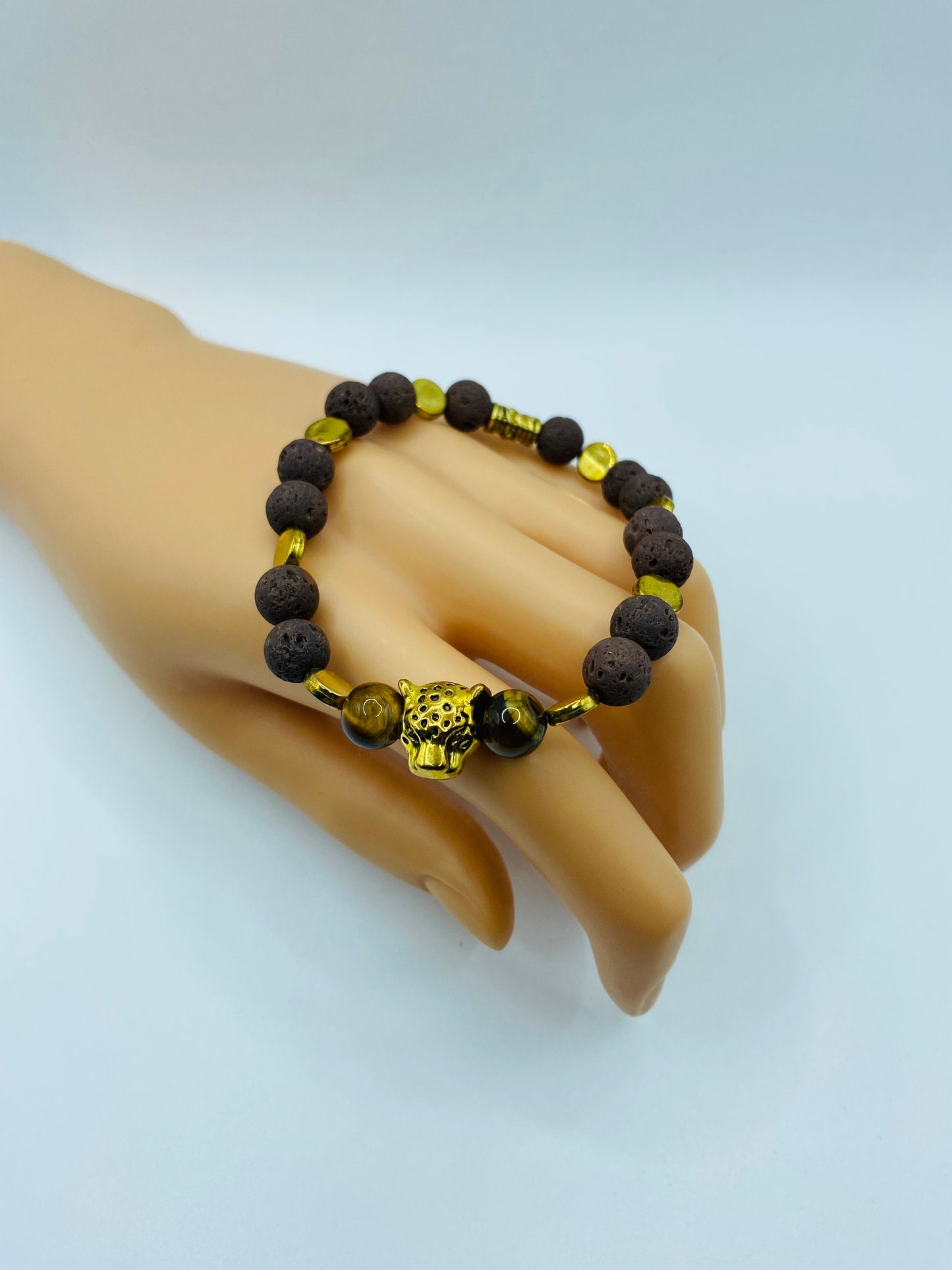 Lava Rock Bracelet: Leopard Charm, Tiger's Eye Beads, Handmade