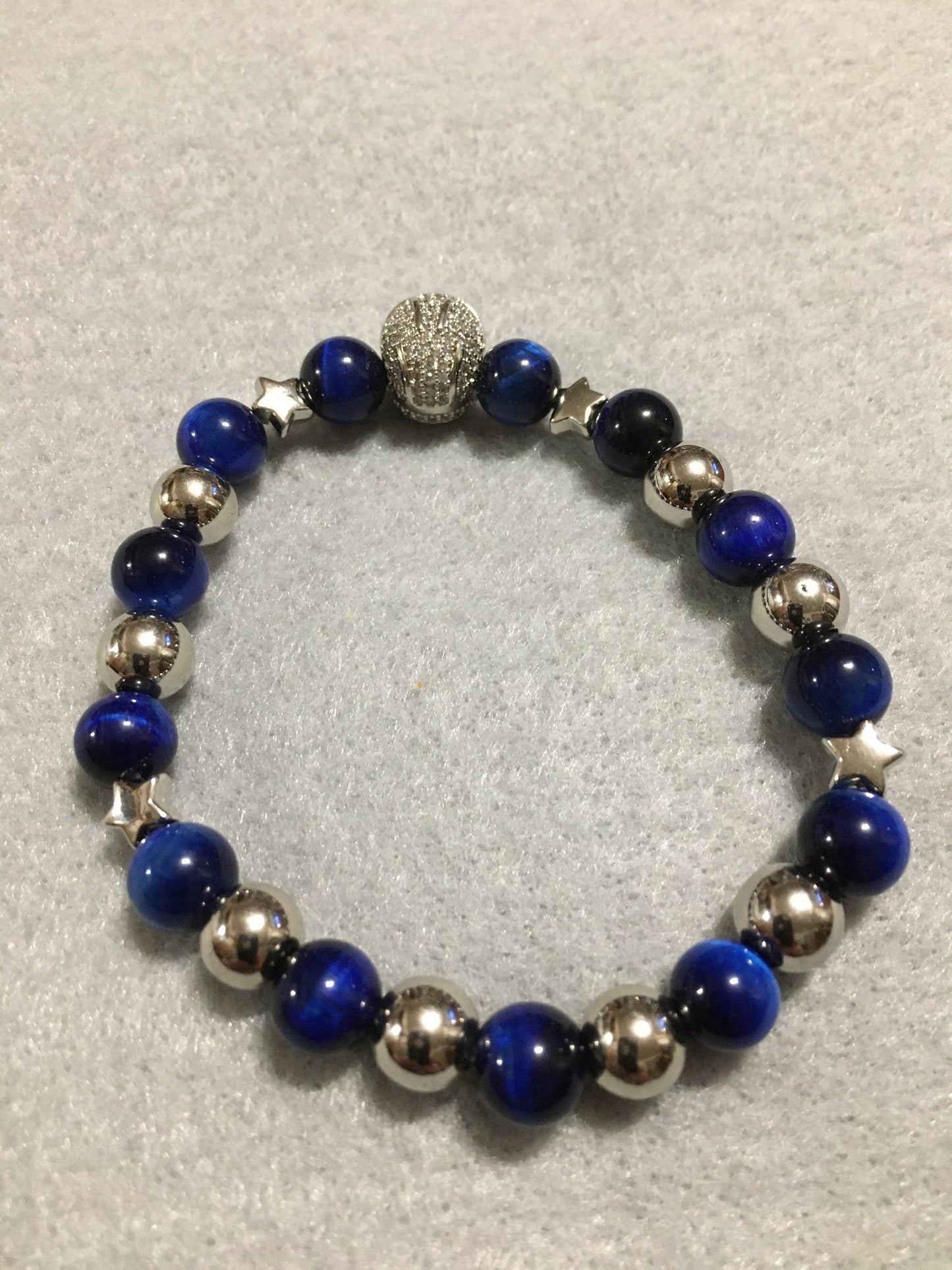 Dallas Cowboys Bracelet: Blue Tigers Eye, Silver Helmet & White Gold Stars
