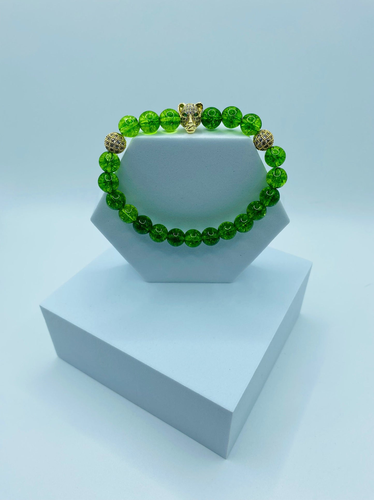 Mens Quartz Crystal Bracelet: Gold Tiger Charm, CZ Beads