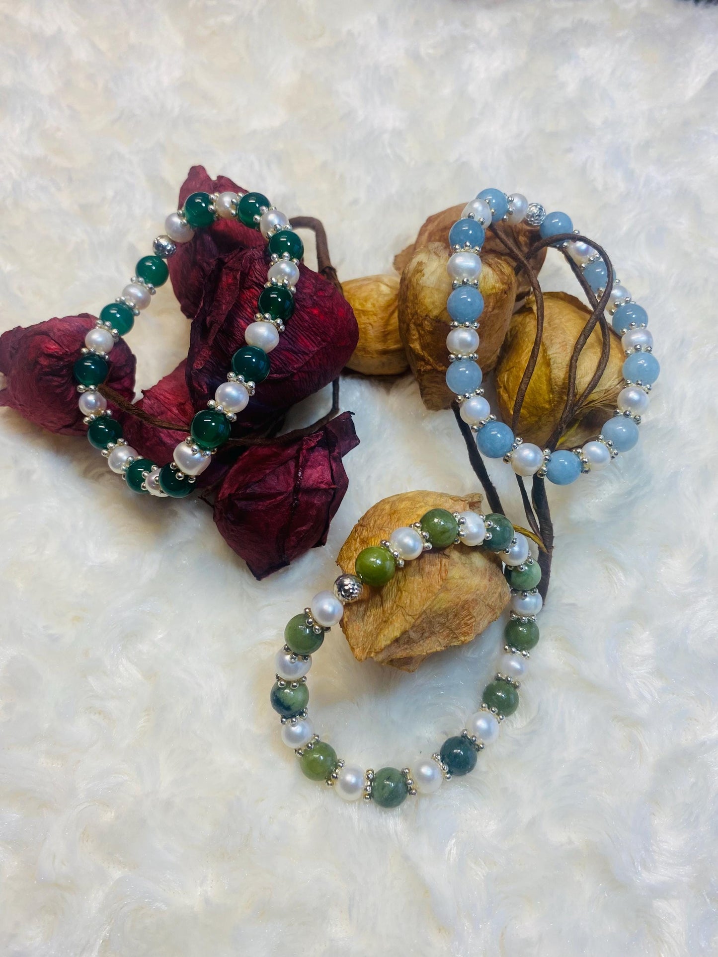 Handmade Baroque Pearl Bracelet Set: Jade & Agate Gemstone Beads