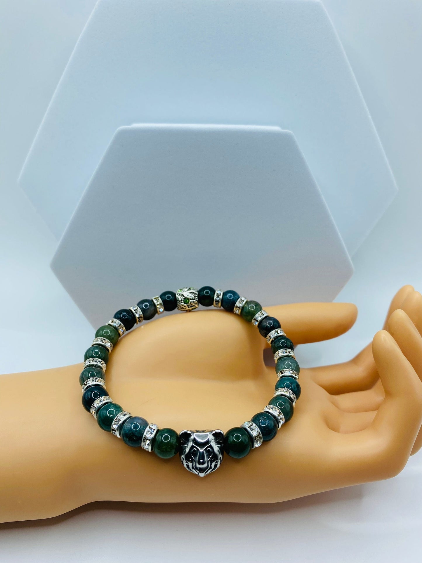 Mens Moss Agate Beaded Bracelet: Bear Charm, Rhinestone Spacers