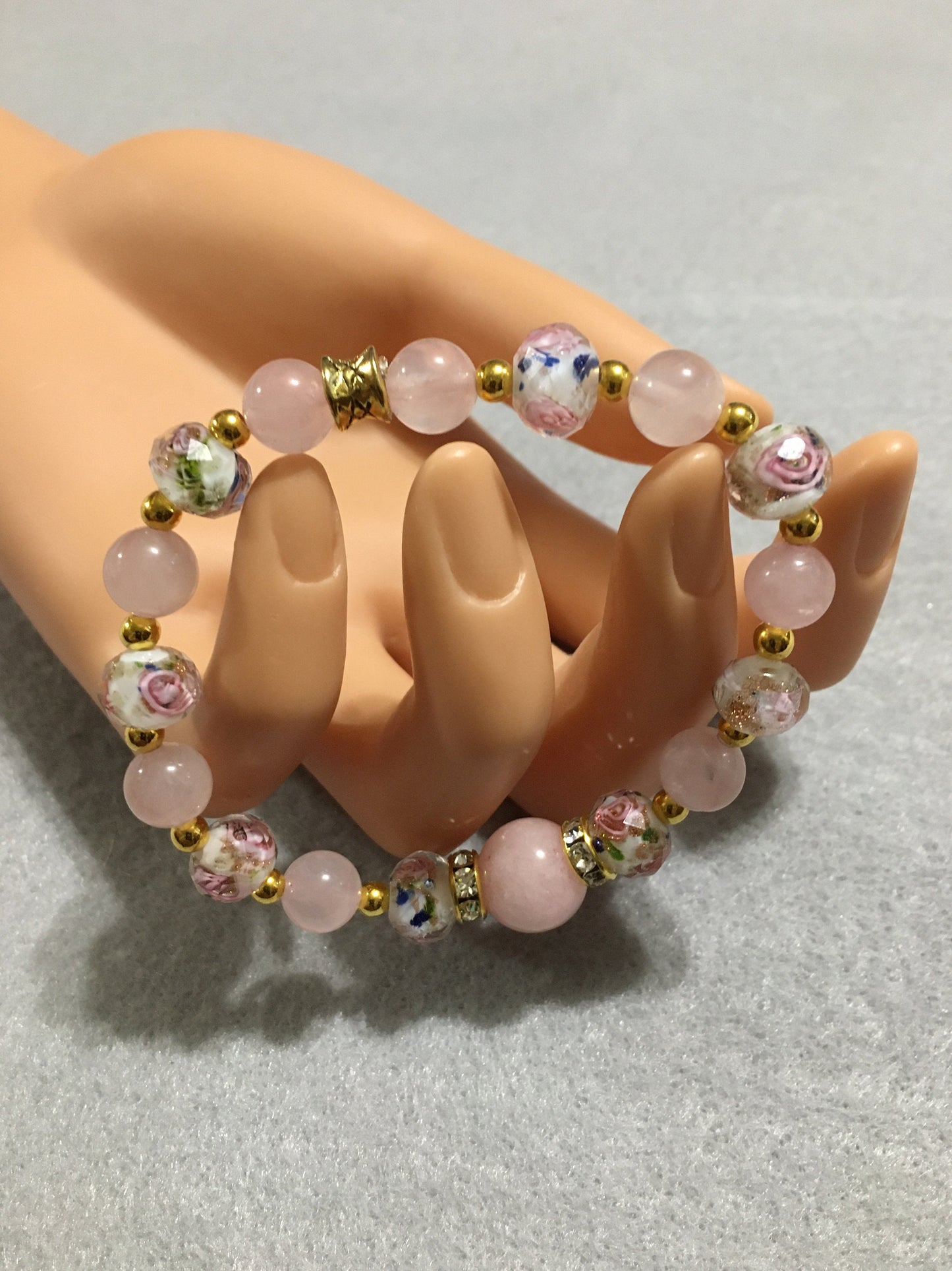 Handmade Rose Quartz Bracelet: Lampwork Floral Glass Beads