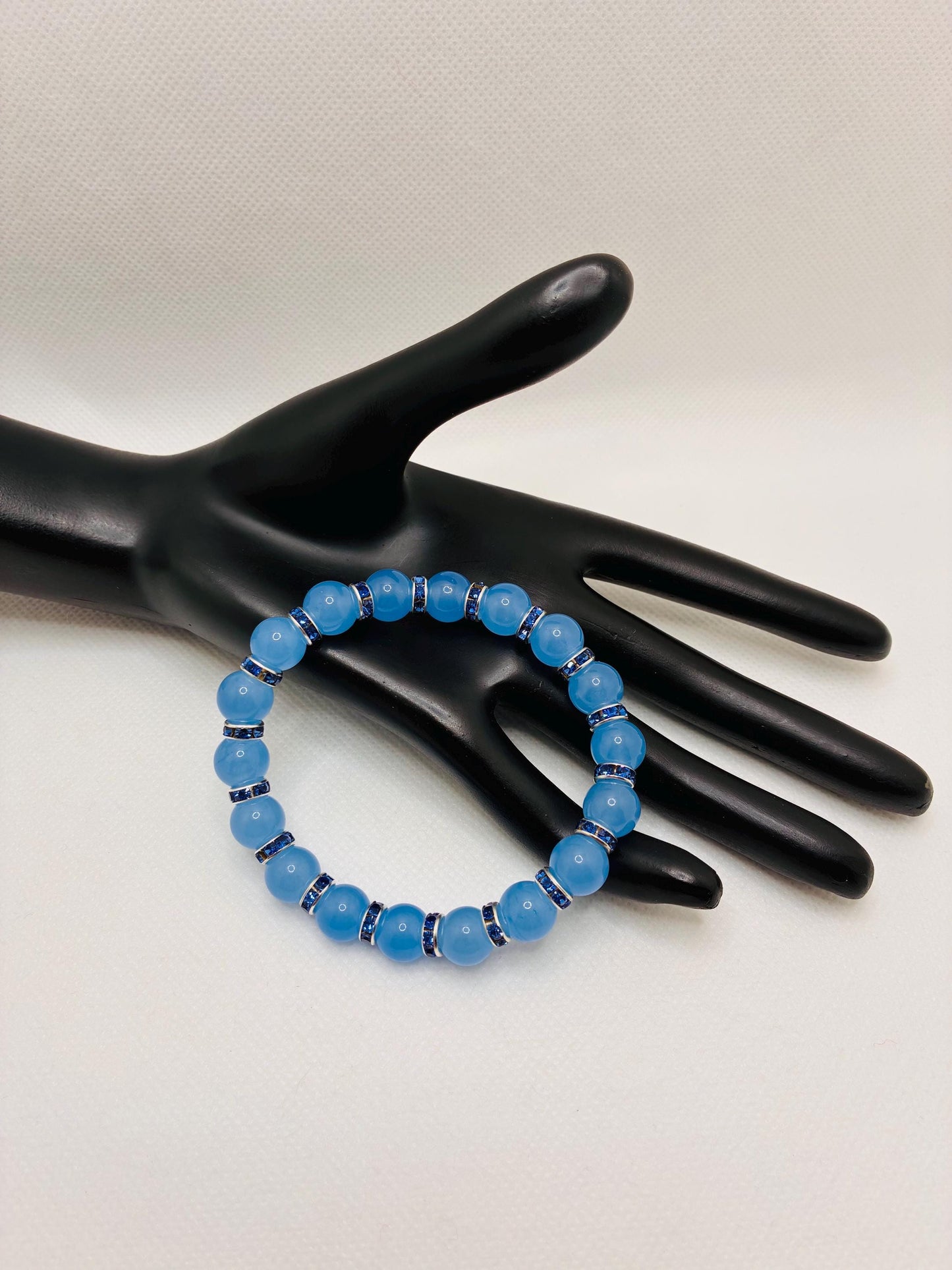 Aquamarine Blue Chalcedony Gemstone Bracelet with Blue Rhinestone Rondelles