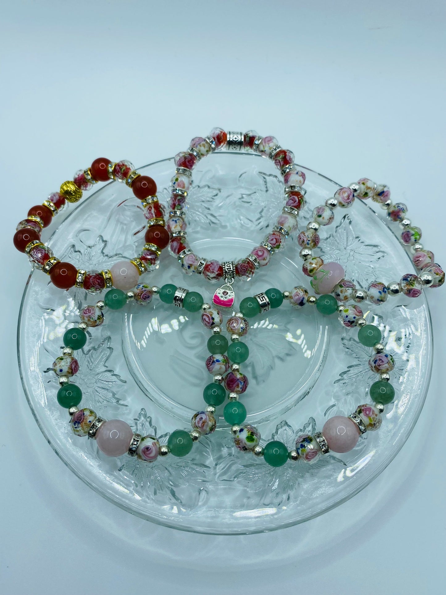 Rose Quartz Bracelet with Green Aventurine & Lampwork Glass Beads - Hematite Gemstone Bracelet