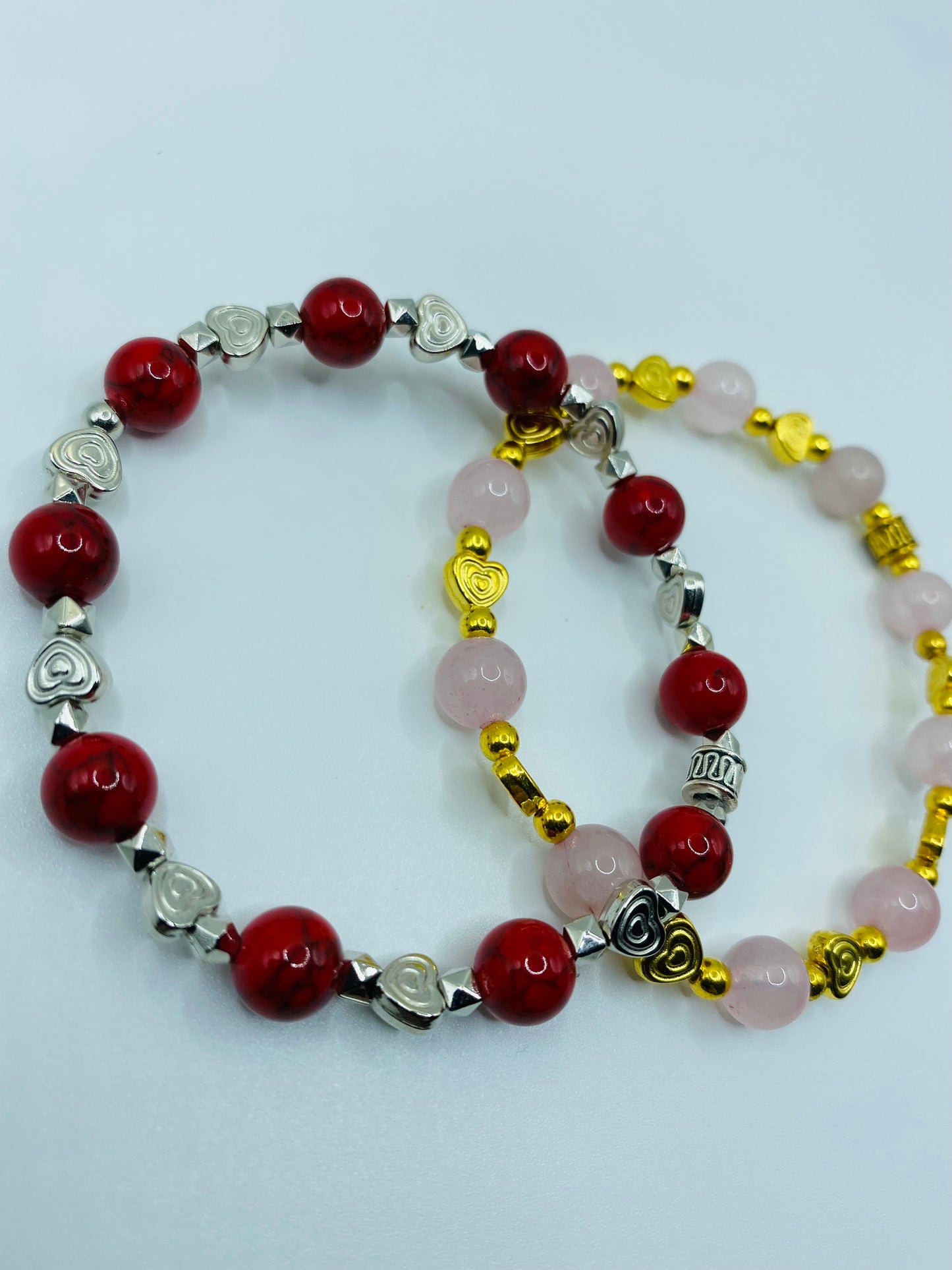 Red Turquoise Bracelet with White Gold Heart Charms