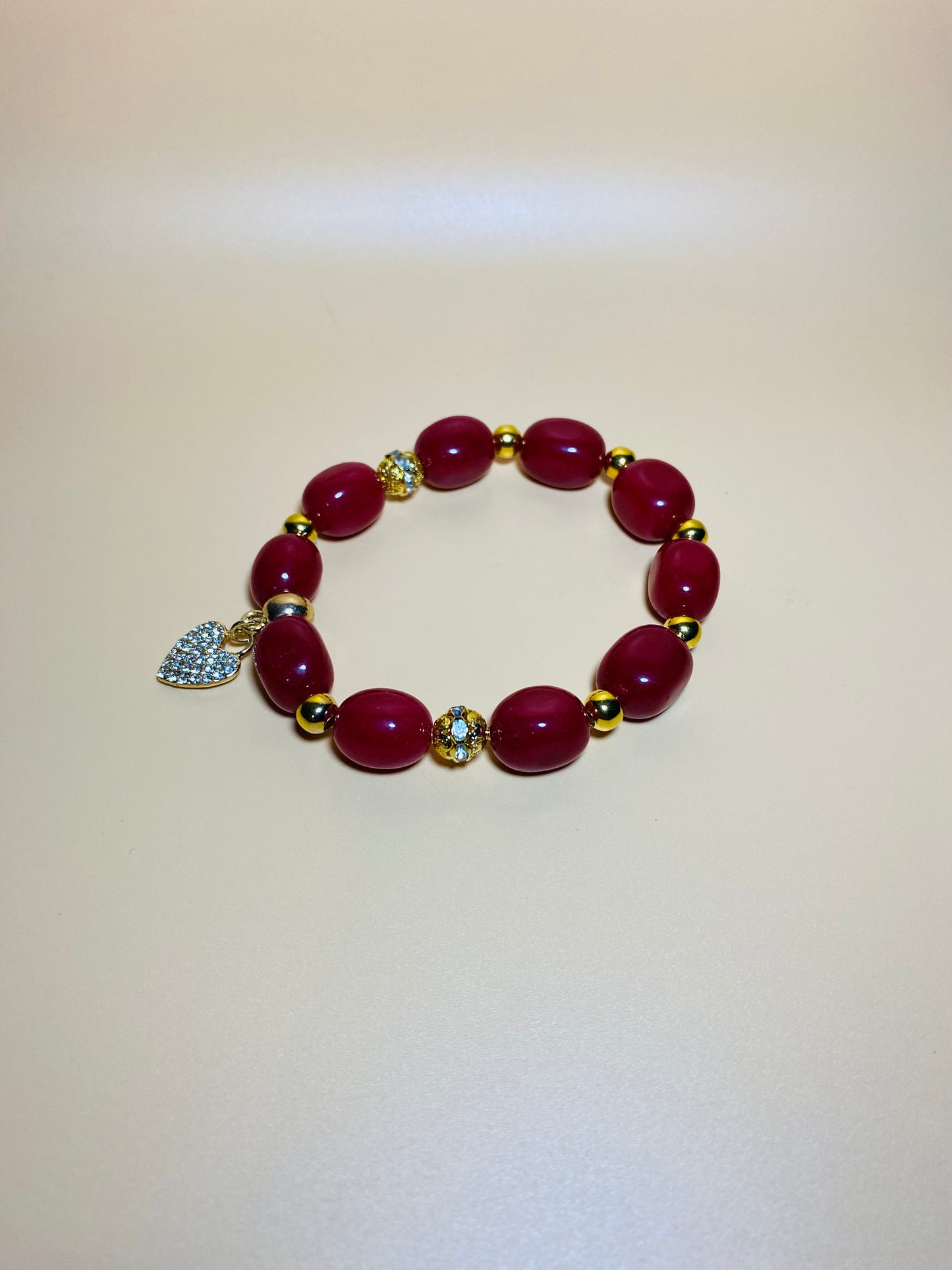 Red Jade Beaded Bracelet: Rhinestone Heart Pendant, Gold Accents