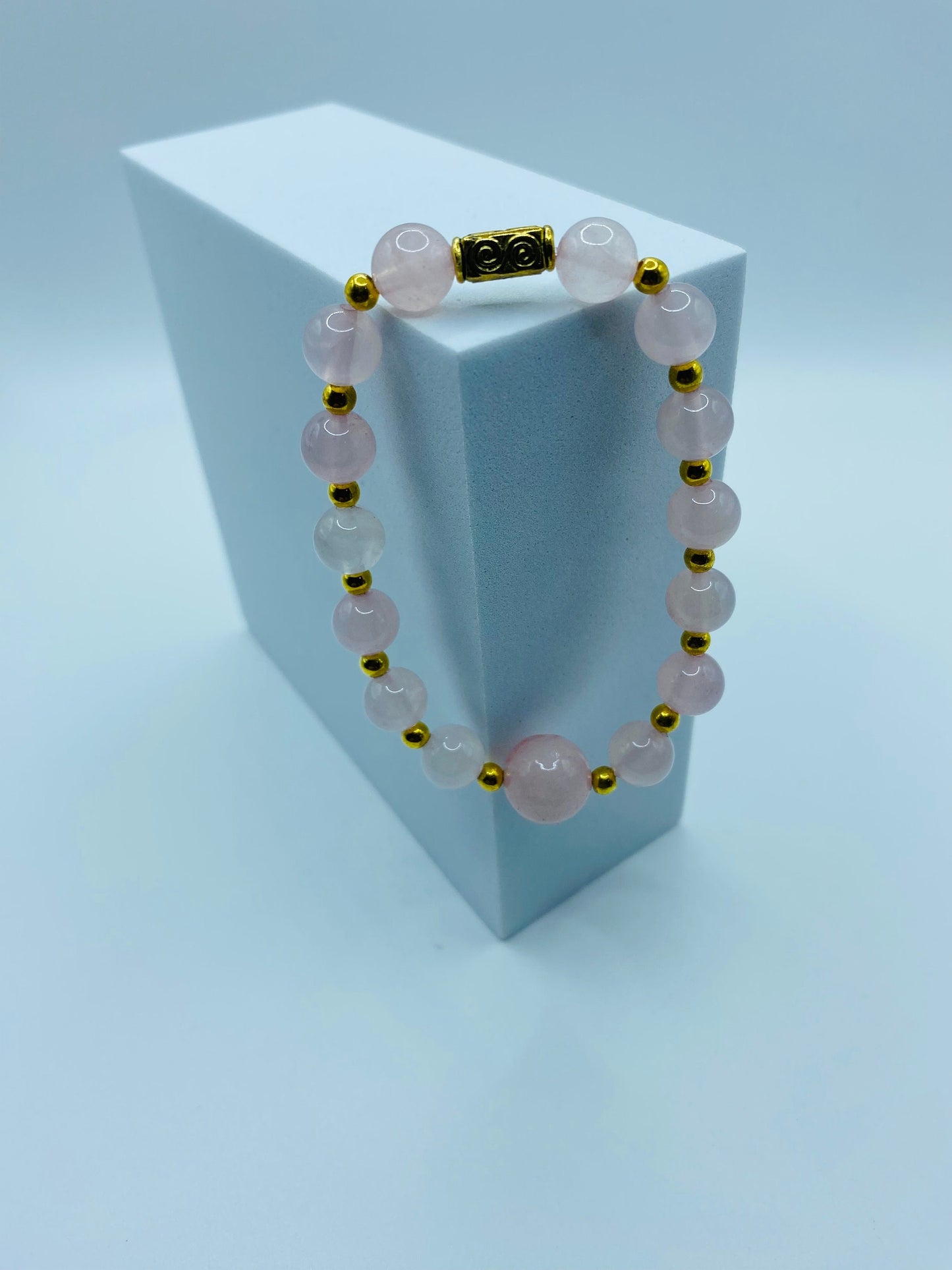 Handmade Rose Quartz Bracelet: 18k Gold Plated Hematite Beads