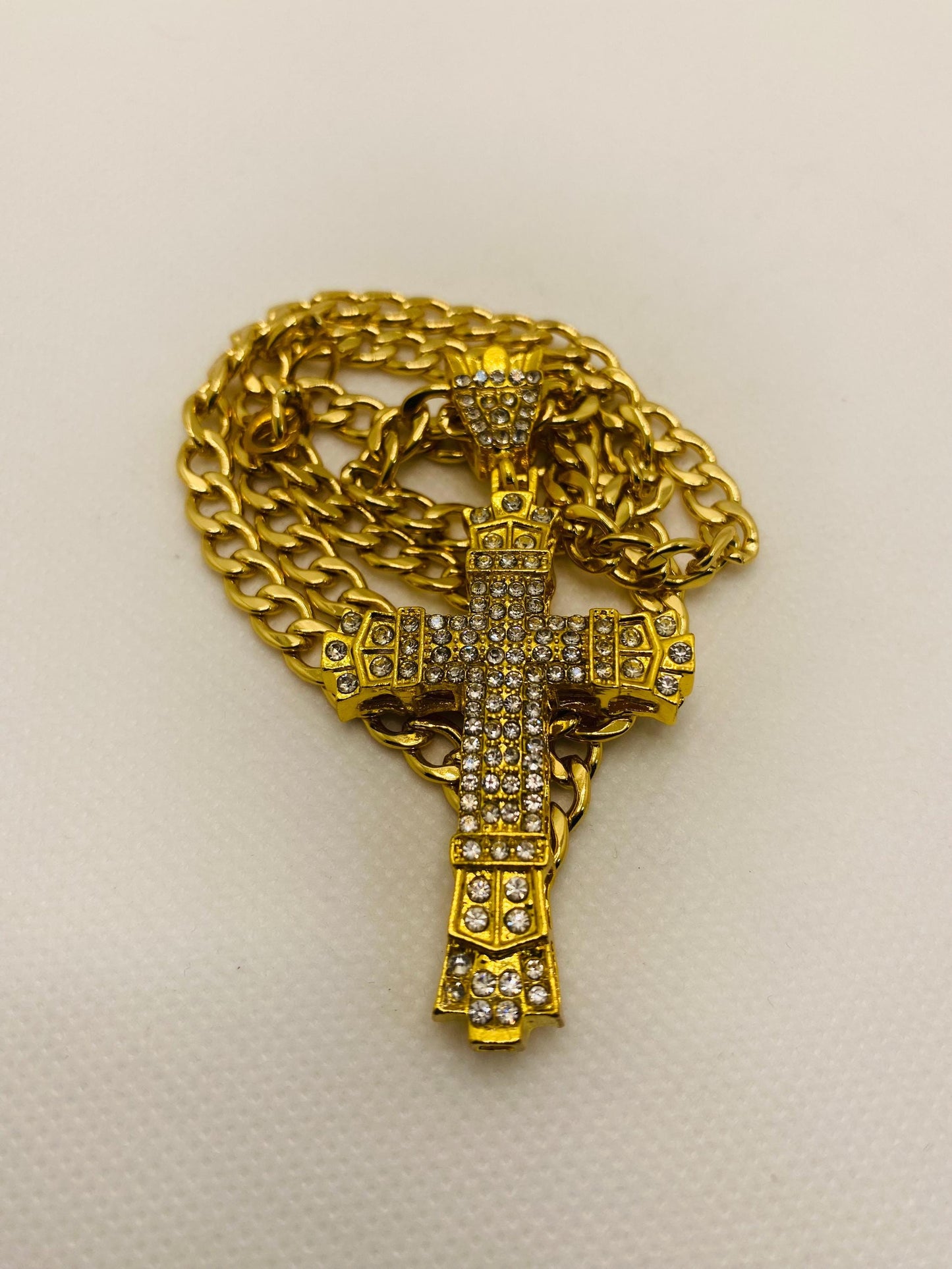 Gold Cross Necklace: Rhinestone Cuban Link Chain, Religious Jewelry