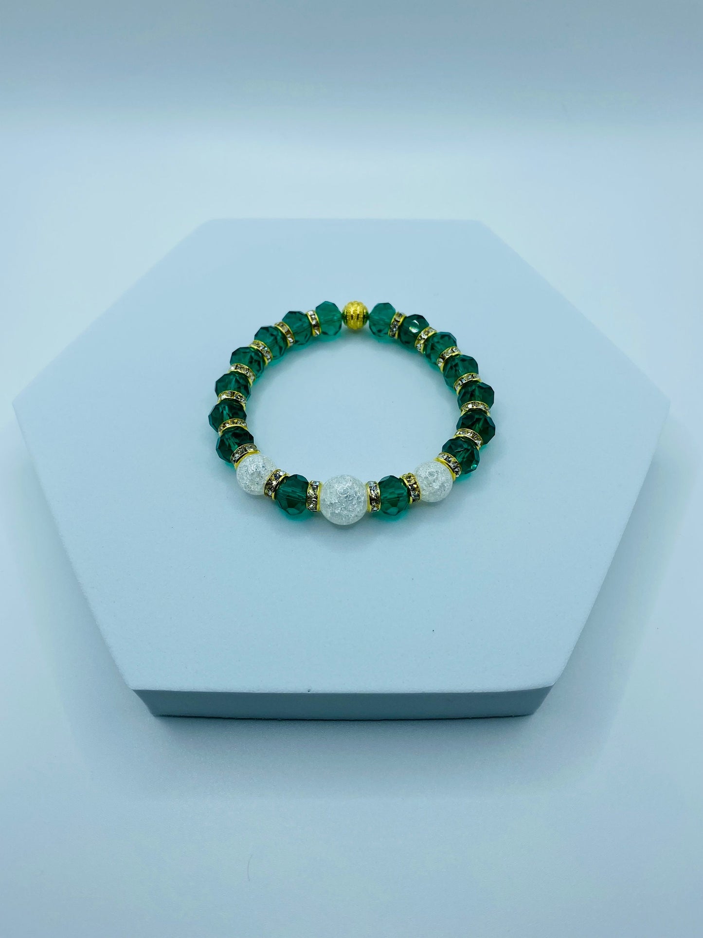 Emerald Green Crystal Bracelet: Crackle Quartz & Rhinestone Rondelles