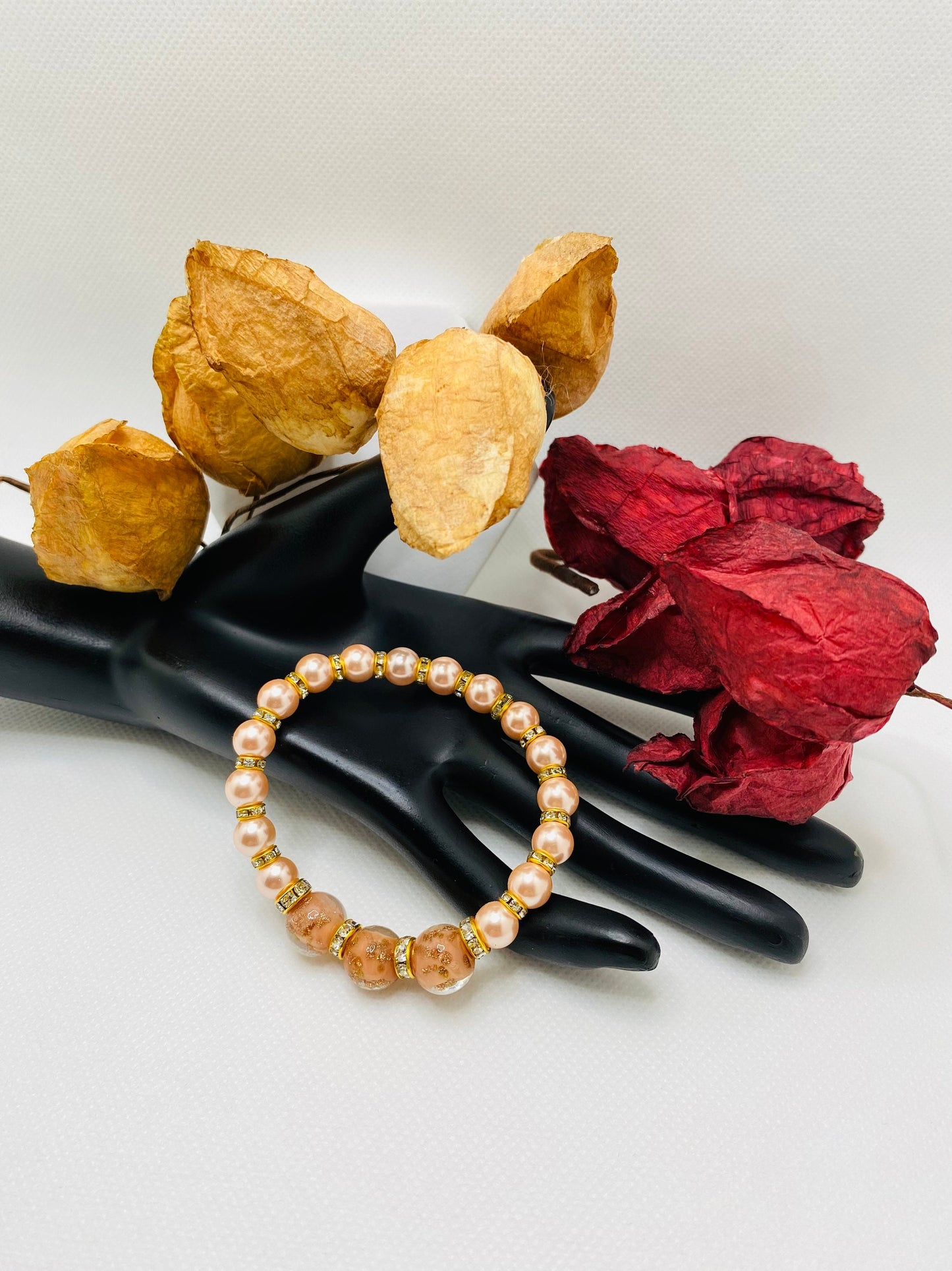 Pink Mother of Pearl Bracelet: Lampwork Glass Beads & Gold Rondelles