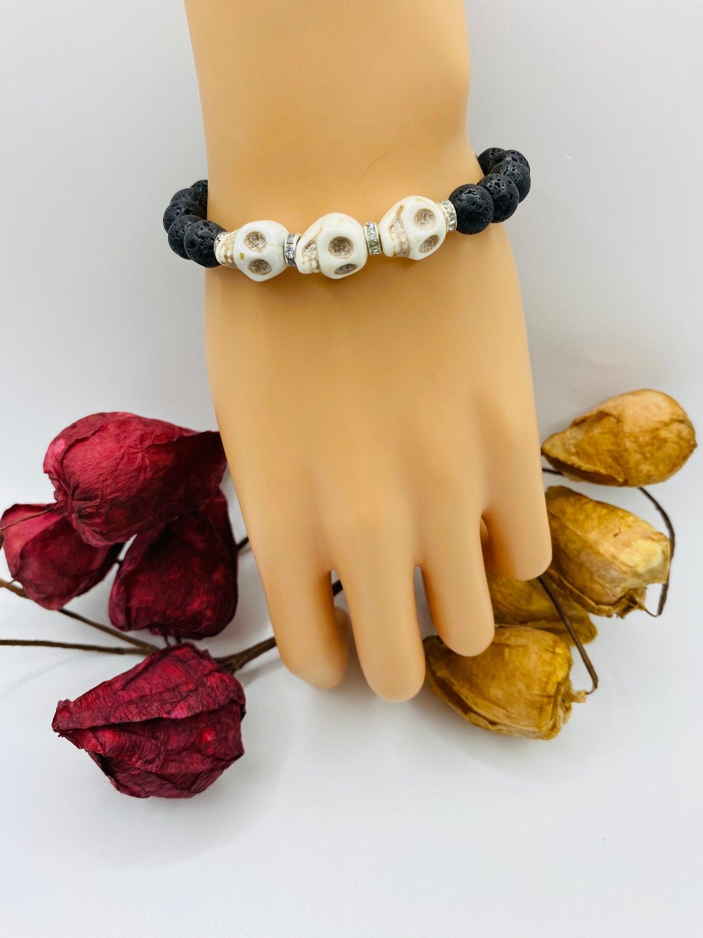 Day of the Dead Lava Rock Bracelet, White Skull Beads & Metal flowers - Dia de Los Muertos - Gift for Him