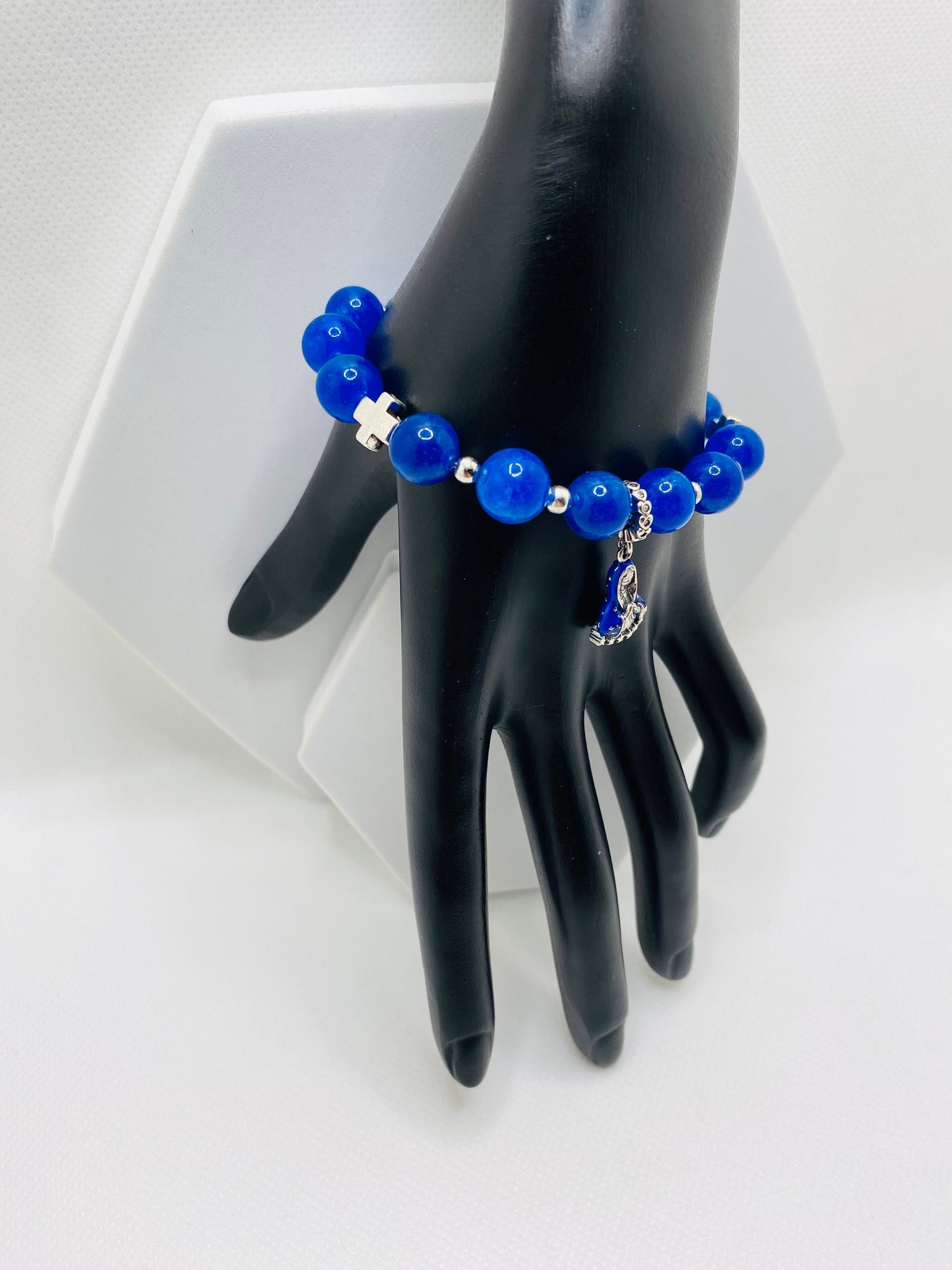 Blue Kyanite Gemstone Bracelet: Virgin Mary Charm, Cross Beads