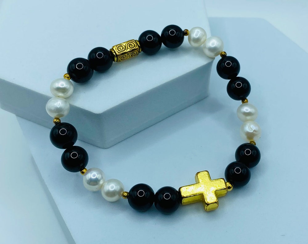 Gold Cross Bracelet: Pearl & Onyx Gemstone Beads, Spiritual Jewelry