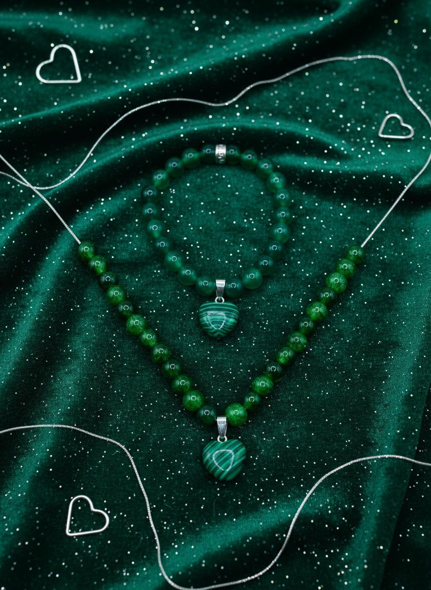 Malachite Heart Lampwork Jewelry Set - Enhanced