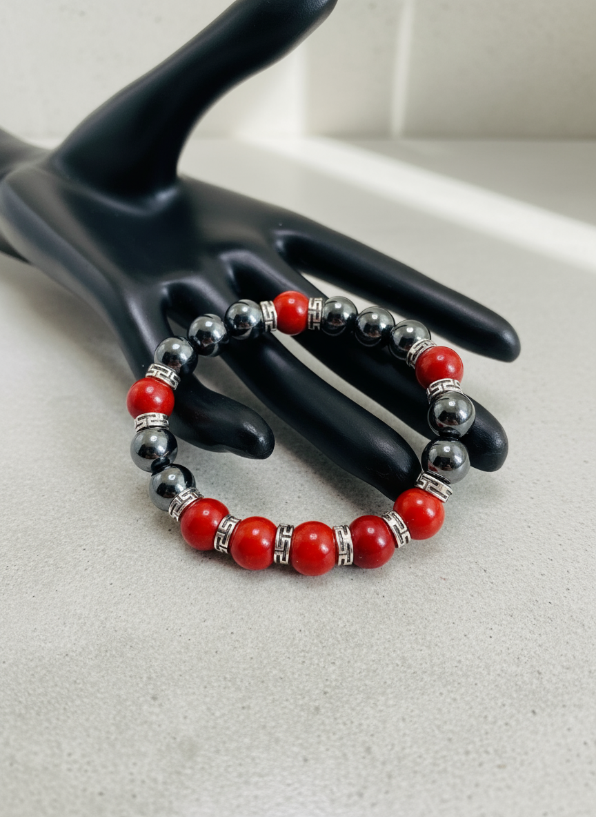 Mens Hematite Red Coral Bracelet Enhanced