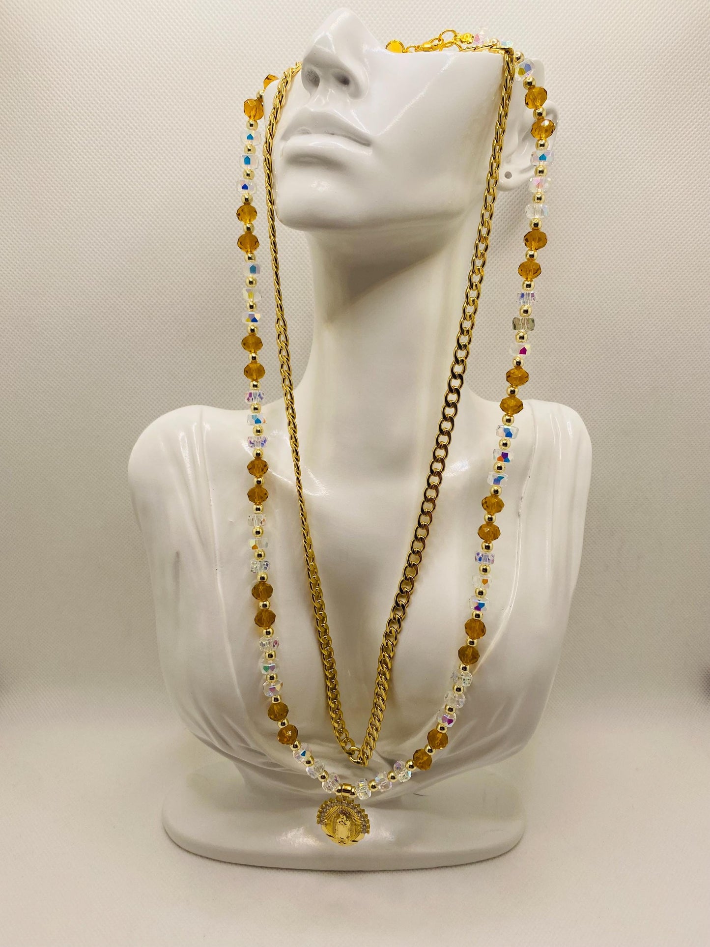 Virgin Mary Necklace: Gold Cuban Link Chain, Crystal Beads Religious Jewelry