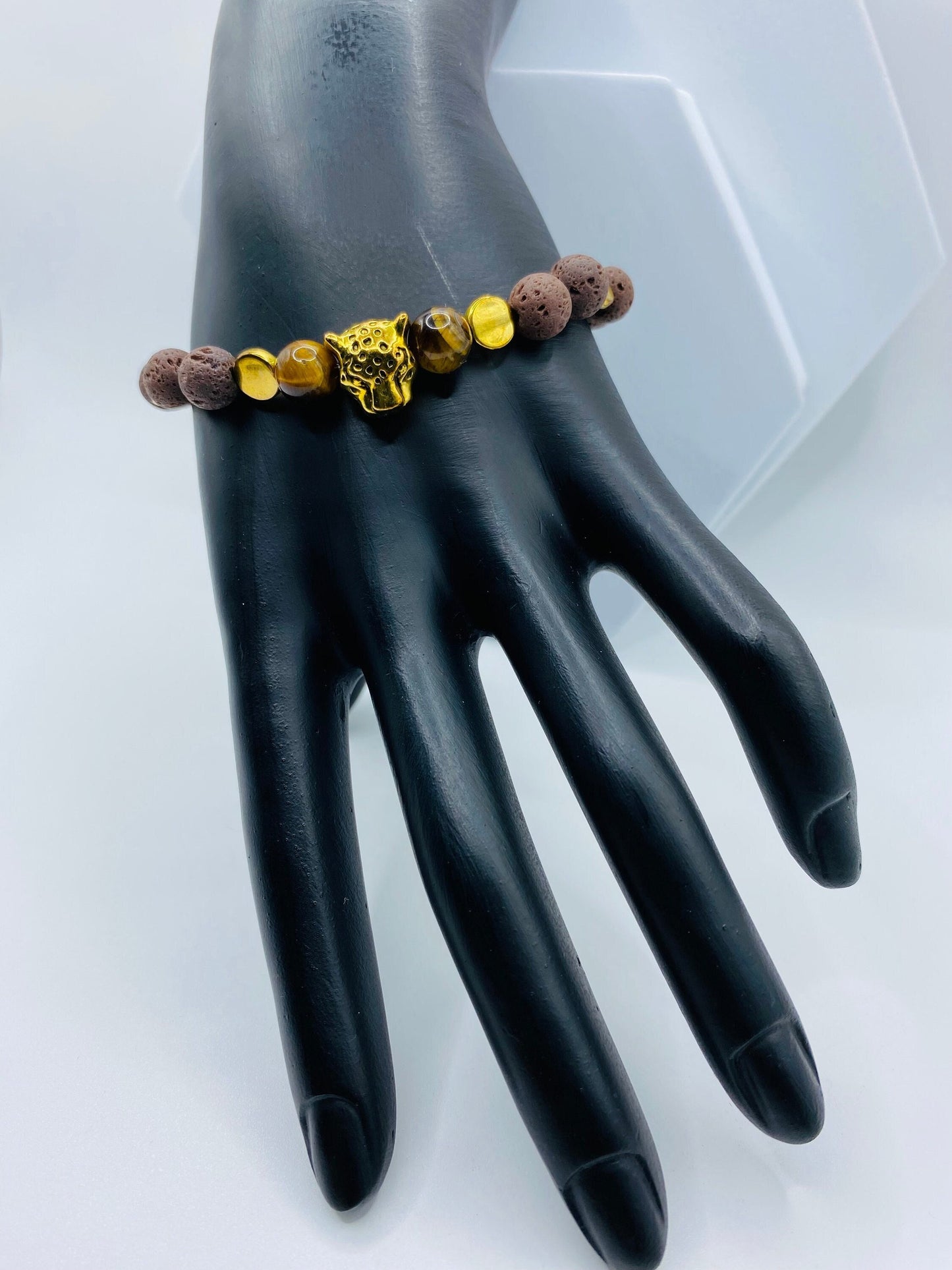 Lava Rock Bracelet: Leopard Charm, Tiger's Eye Beads, Handmade