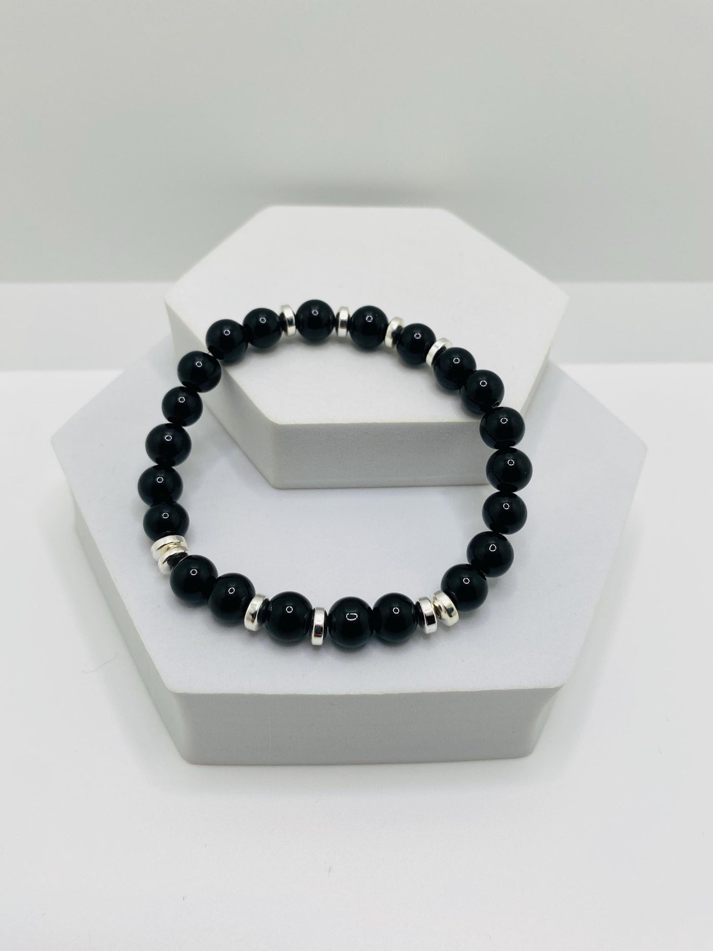 Black Onyx Beaded Bracelet for Men: Silver Plated Accents