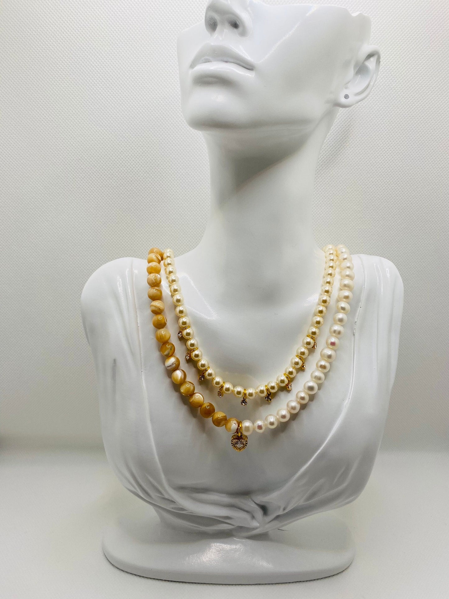 Handmade Mother of Pearl Necklace: Freshwater Pearl & CZ Heart Charm