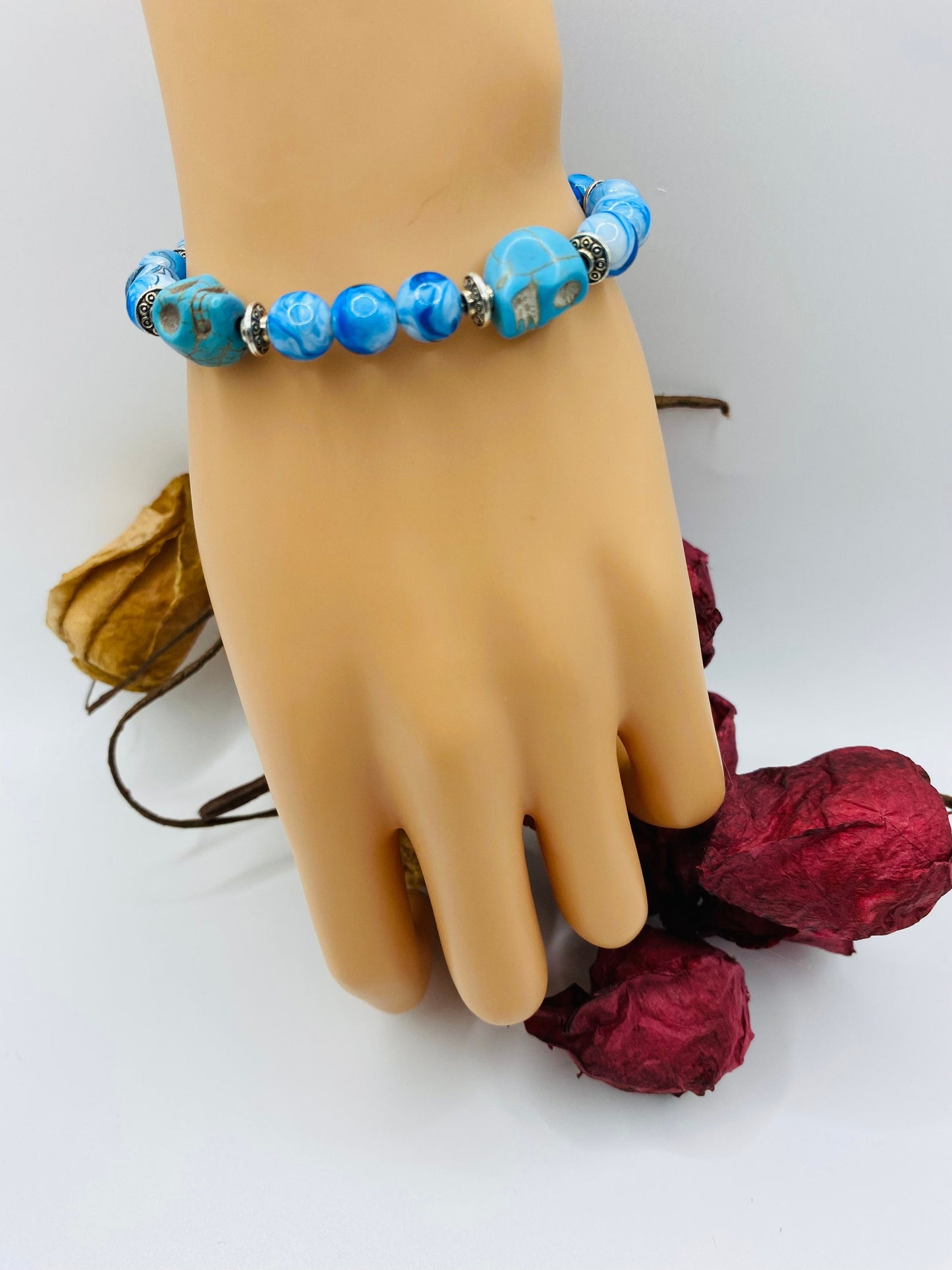 Dia de Los Muertos Bracelet: Turquoise Skull Beads, Halloween Jewelry